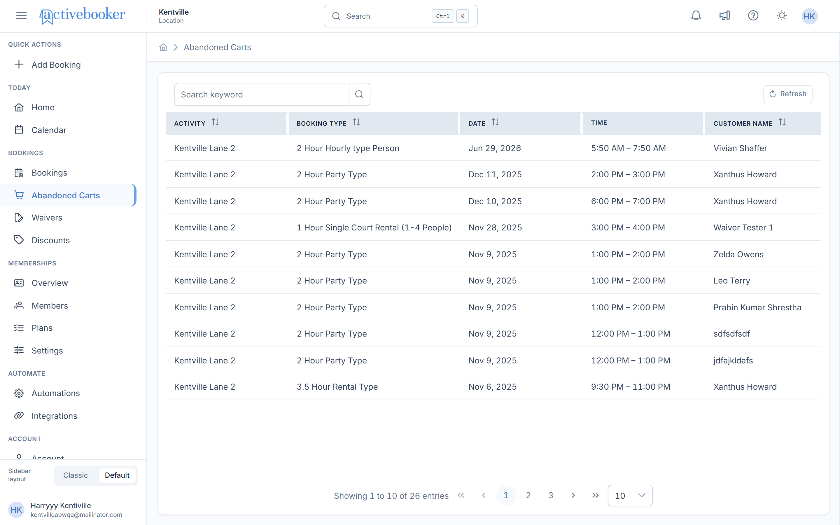 Abandoned Carts page listing incomplete booking attempts with activity, booking type, date, time, and customer contact columns