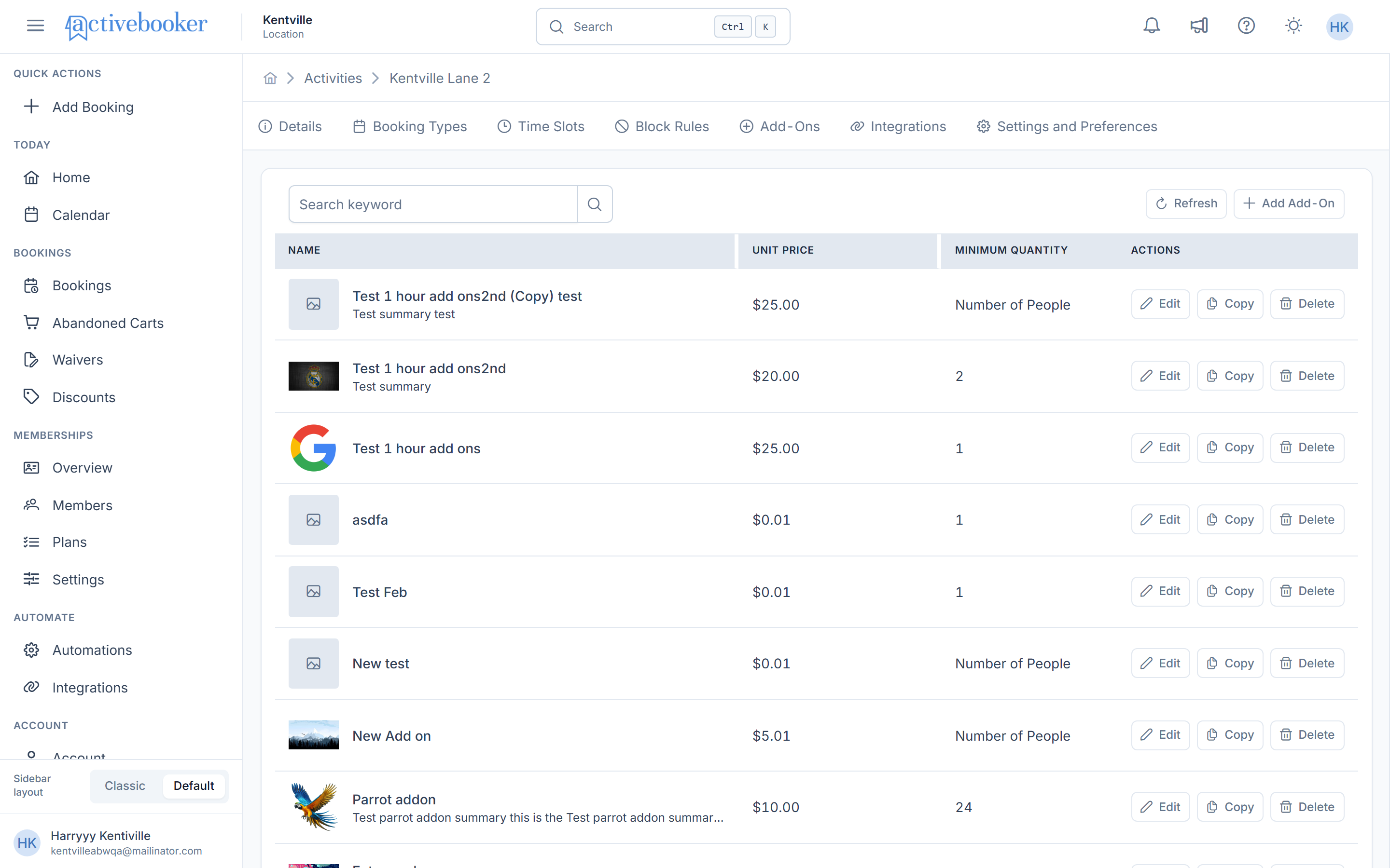 Activities Add-Ons List