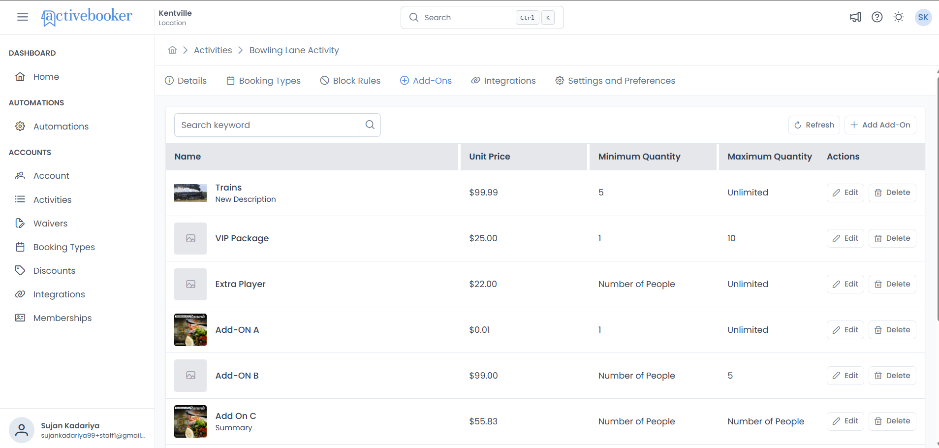 Activities Add-Ons List