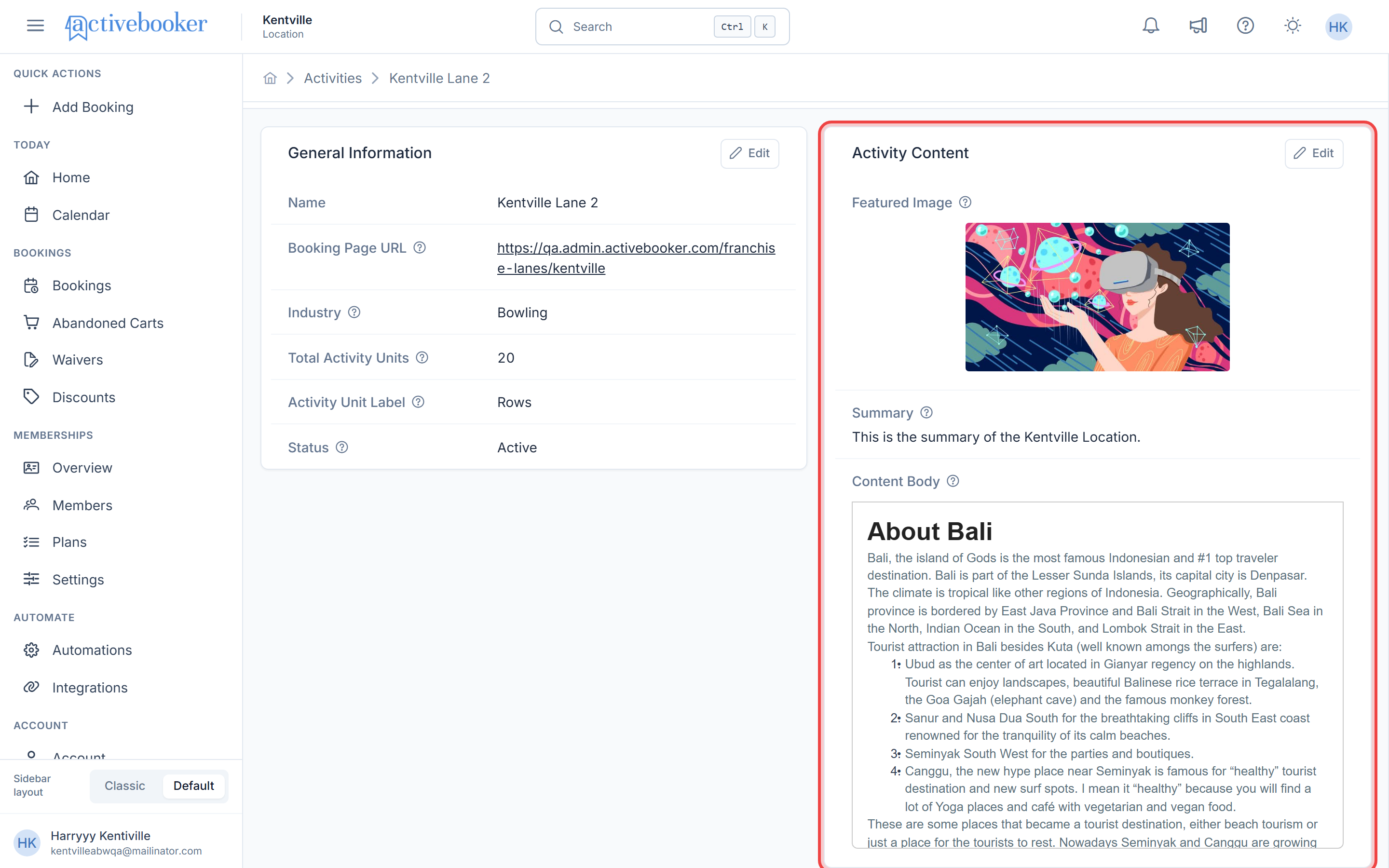 Activity Content section showing featured image, summary, and content body