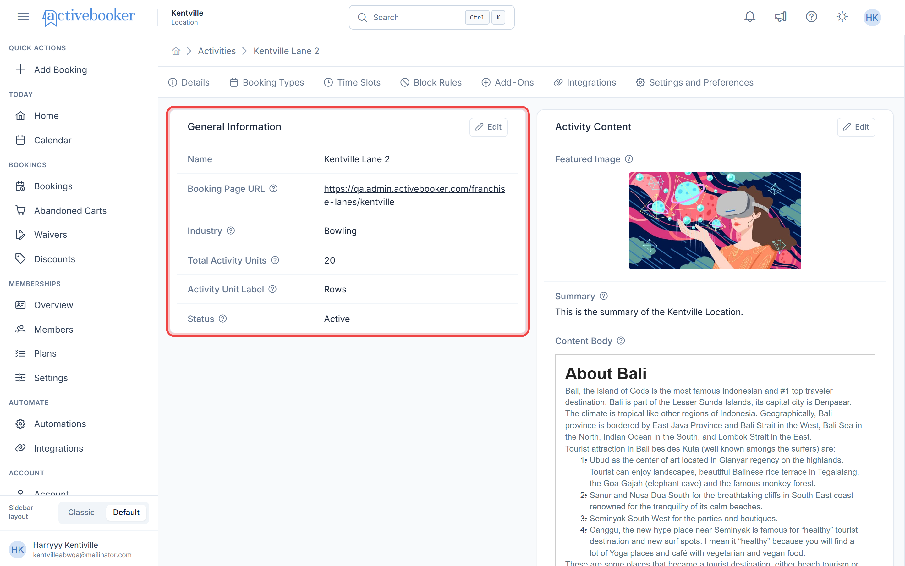 Activity Details tab with General Information and Activity Content sections