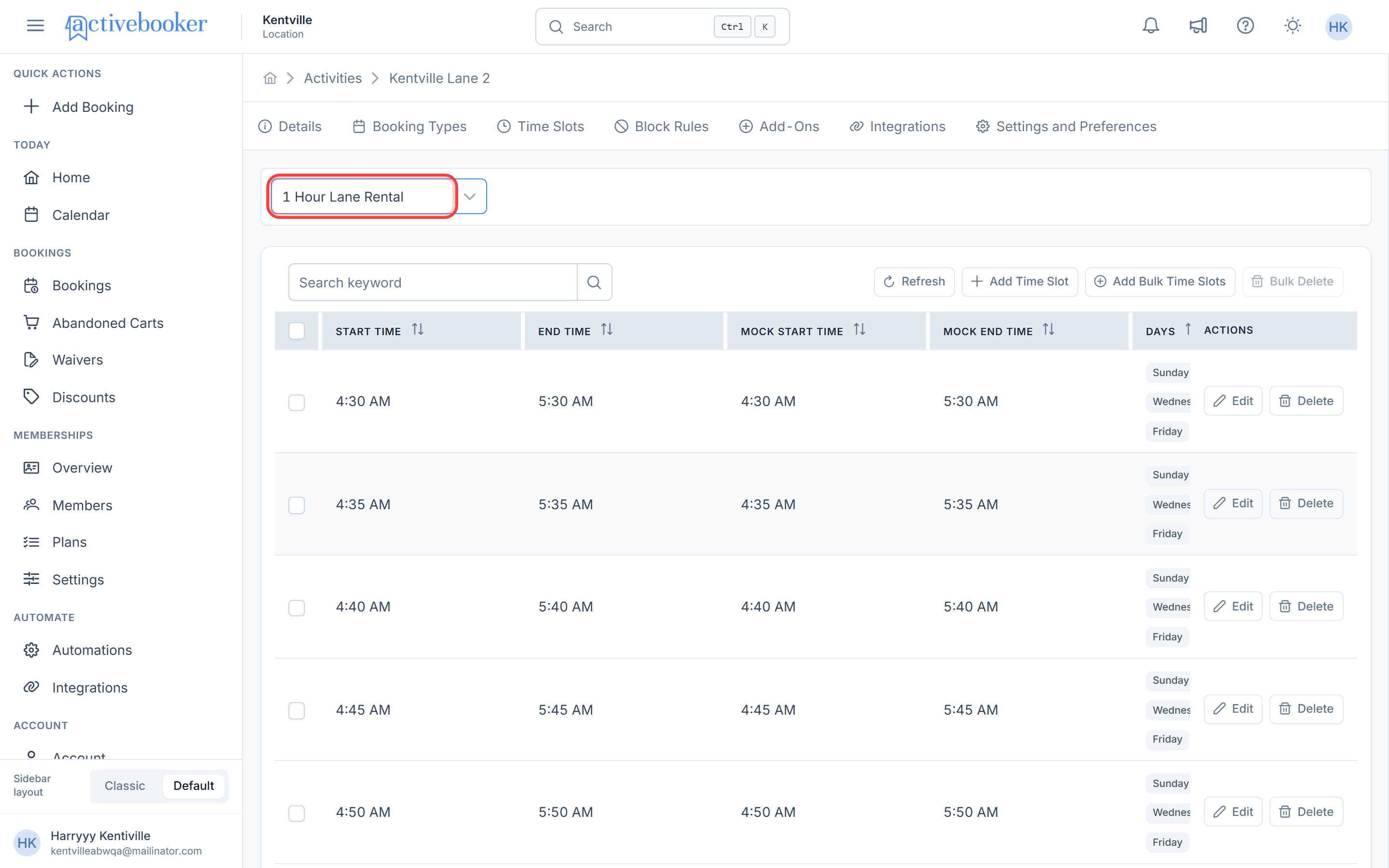 Time Slots tab with the booking type selector highlighted
