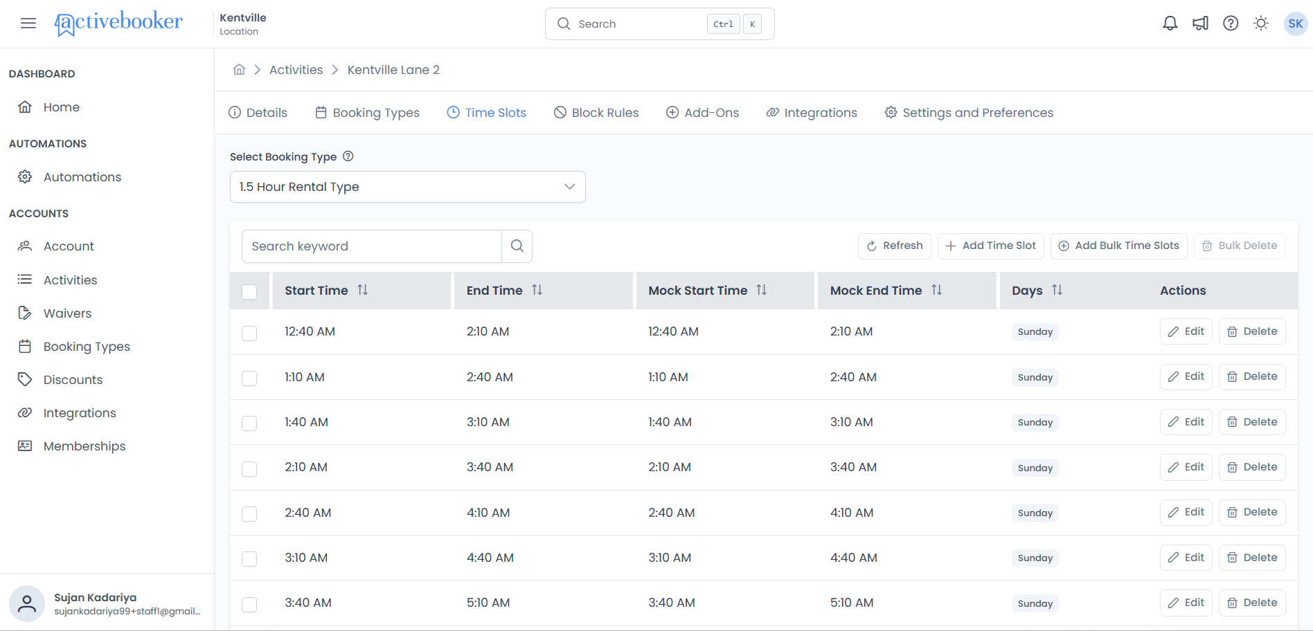 Activity Time Slots tab showing booking type selector and time slots grid
