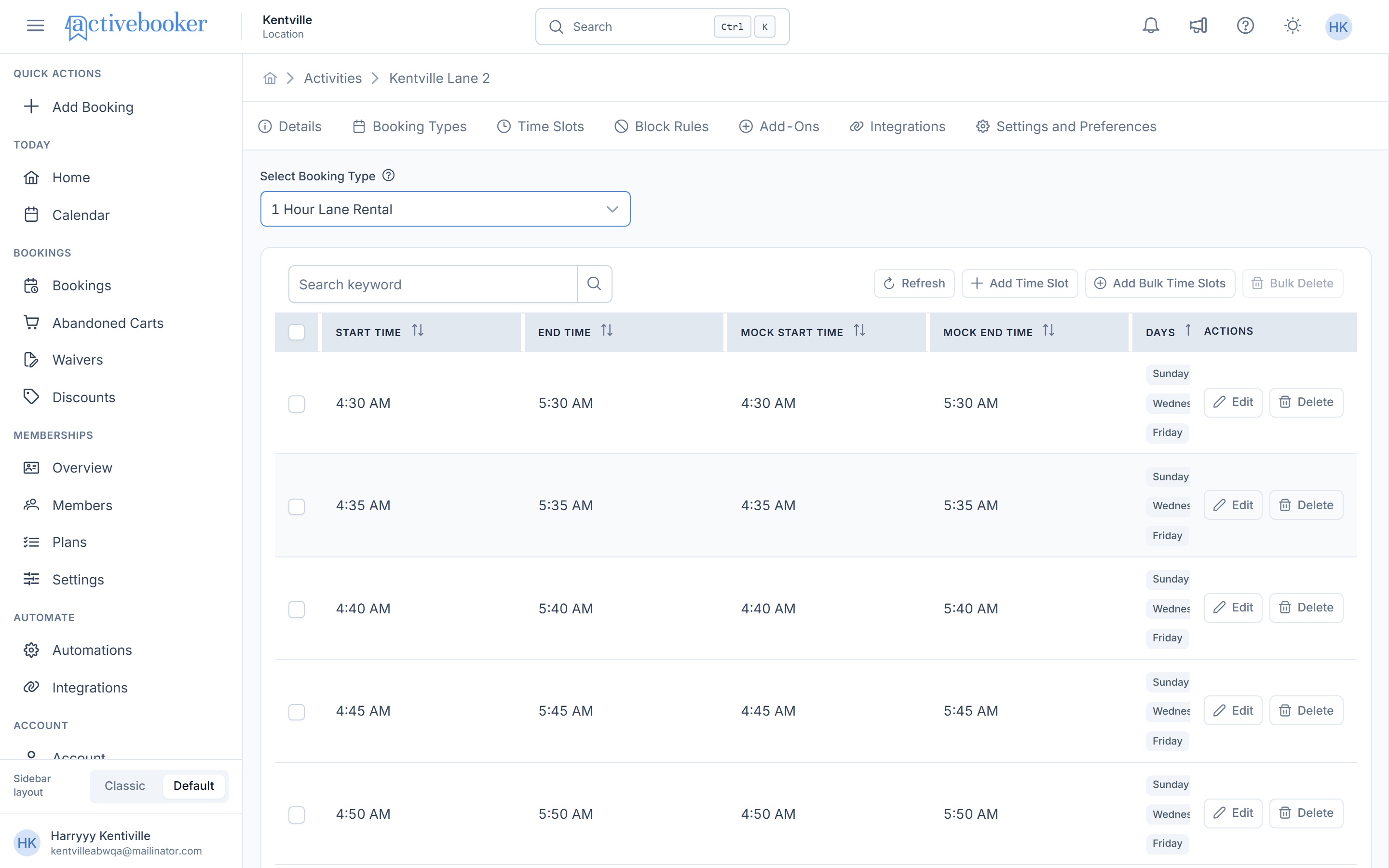 Activity Time Slots tab showing booking type selector and time slots grid