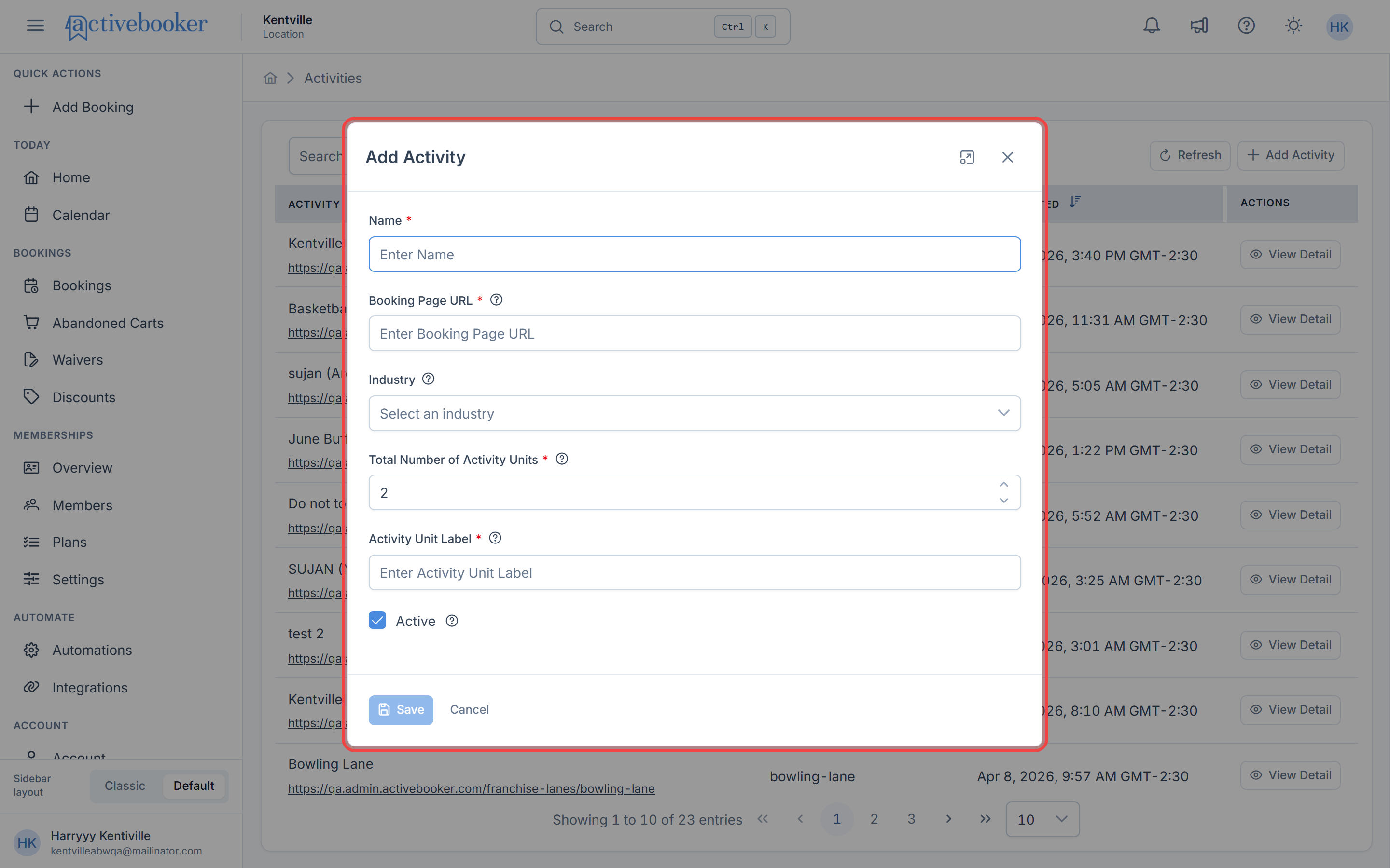 Add Activity modal with name, industry, and status fields