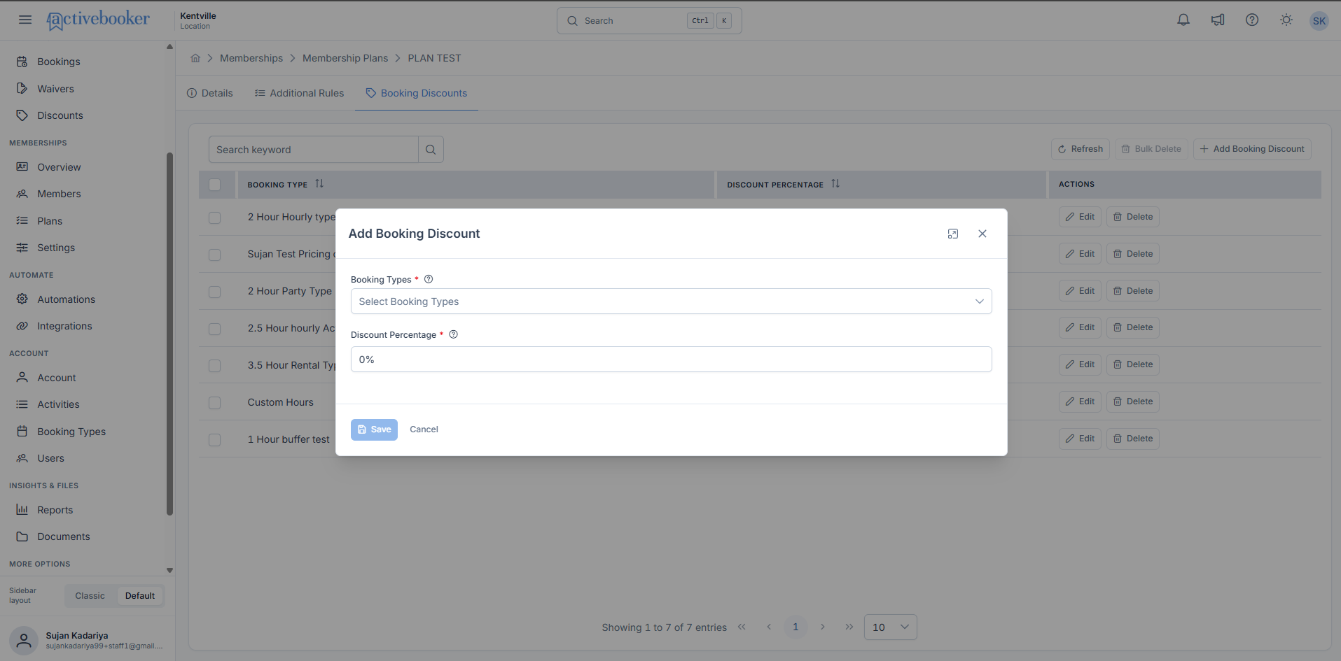 Add Booking Discount modal with booking type selector and discount percentage field