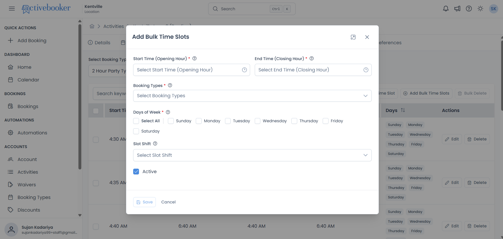 Add Bulk Time Slots dialog with configuration options