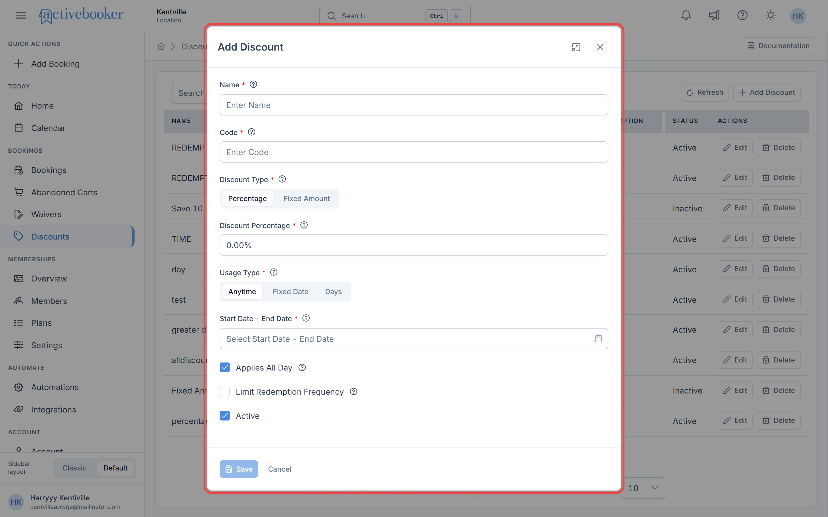 Add Discount modal showing all configuration fields