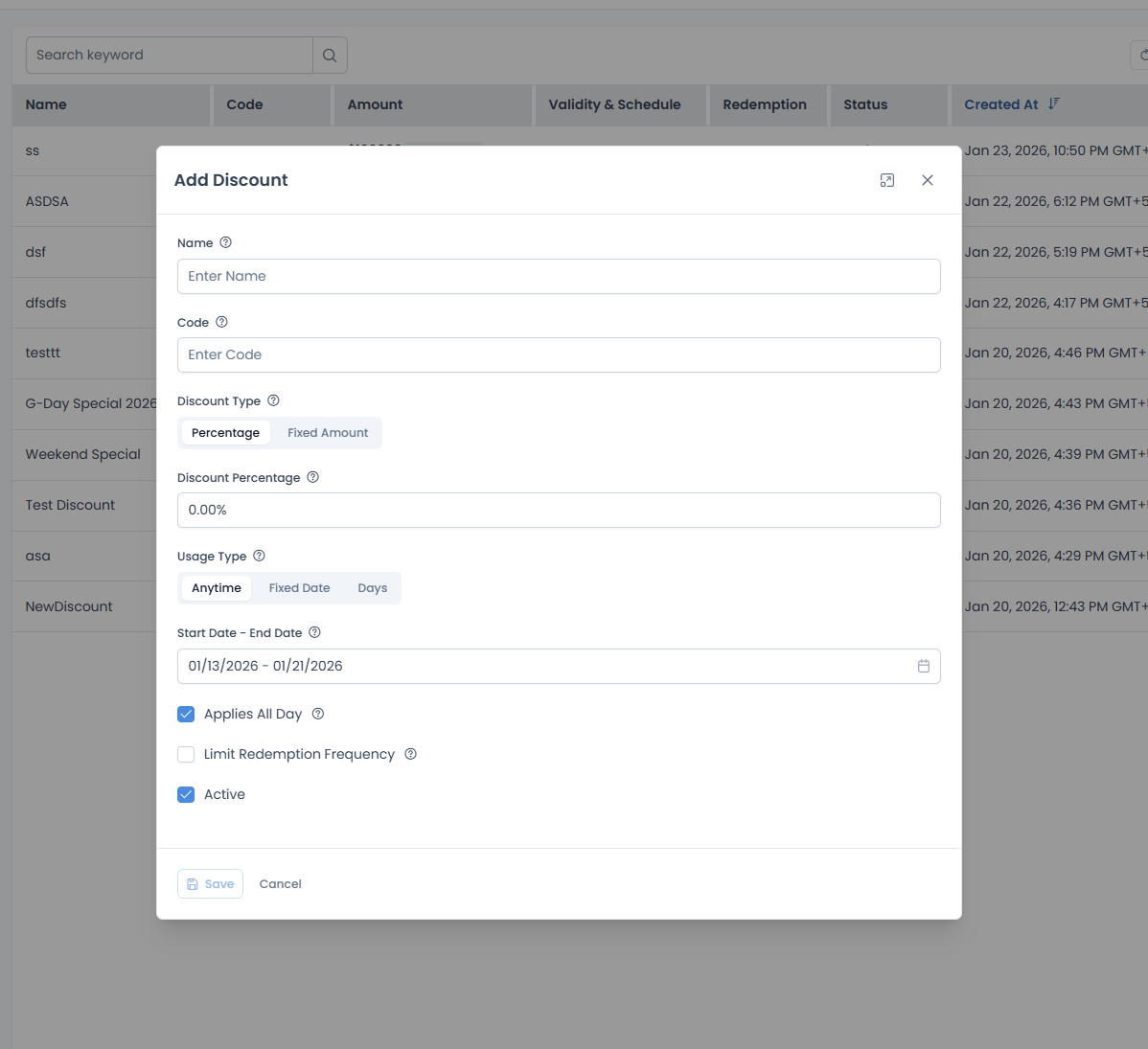 Add Discount modal showing all configuration fields