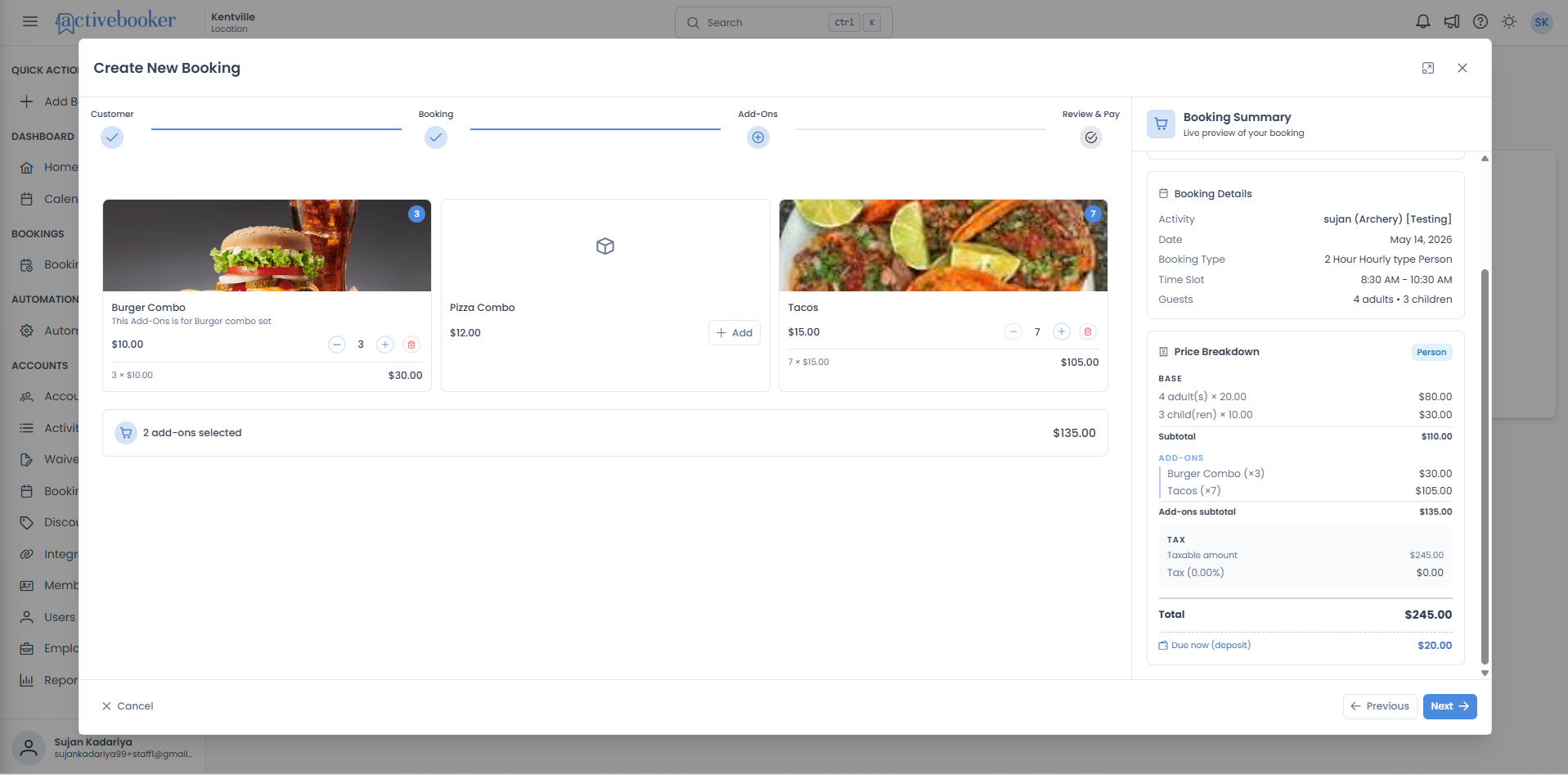 Add-Ons step showing available add-on cards with name, price, and quantity controls alongside the Booking Summary panel
