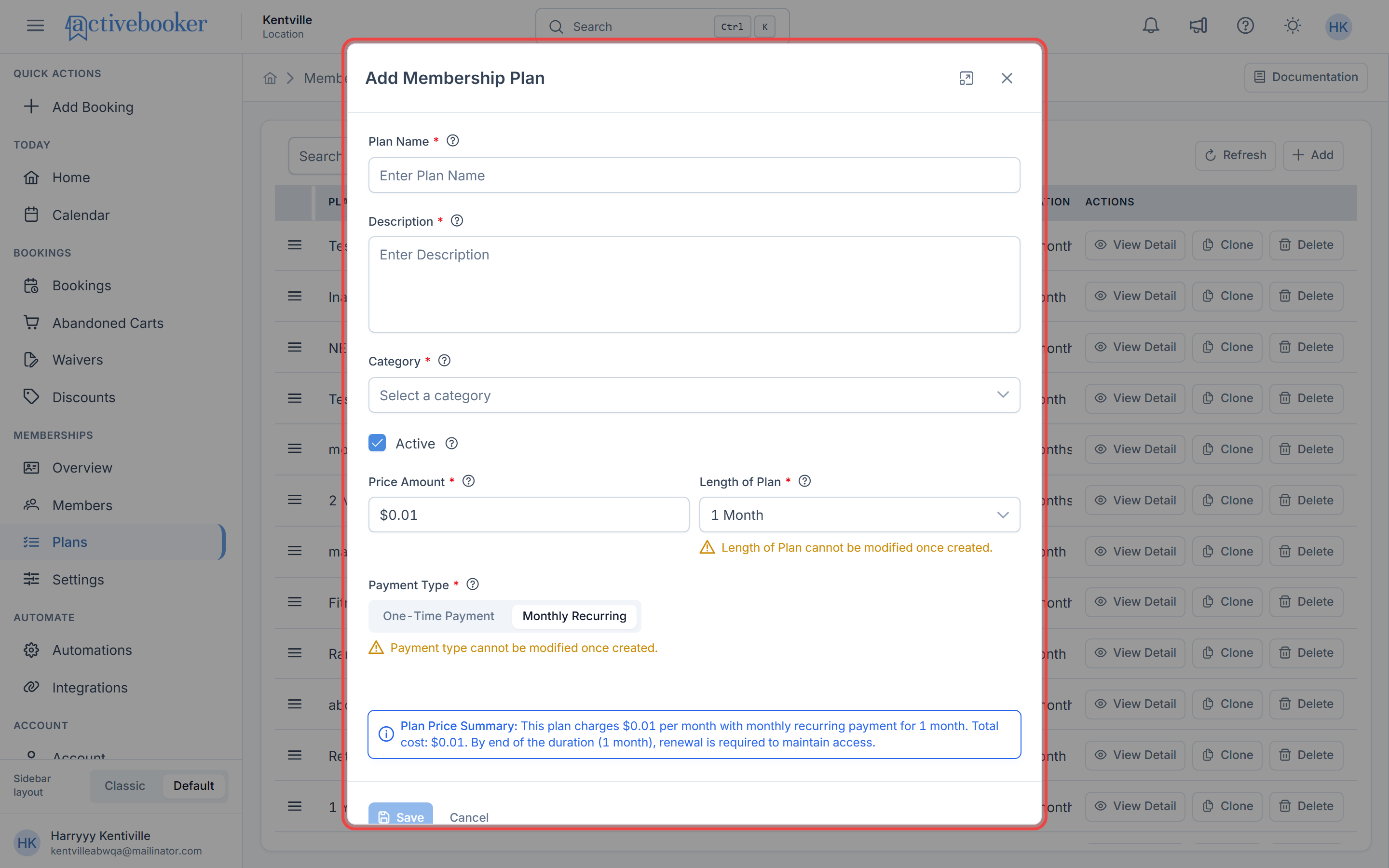 Add Membership Plan modal with all configuration fields