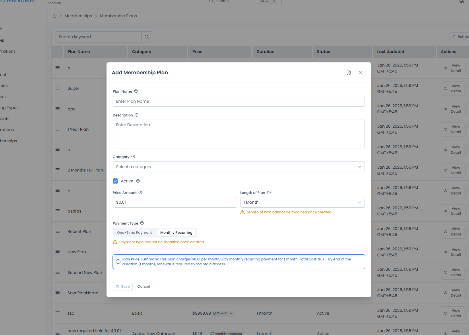 Add Membership Plan modal with all configuration fields