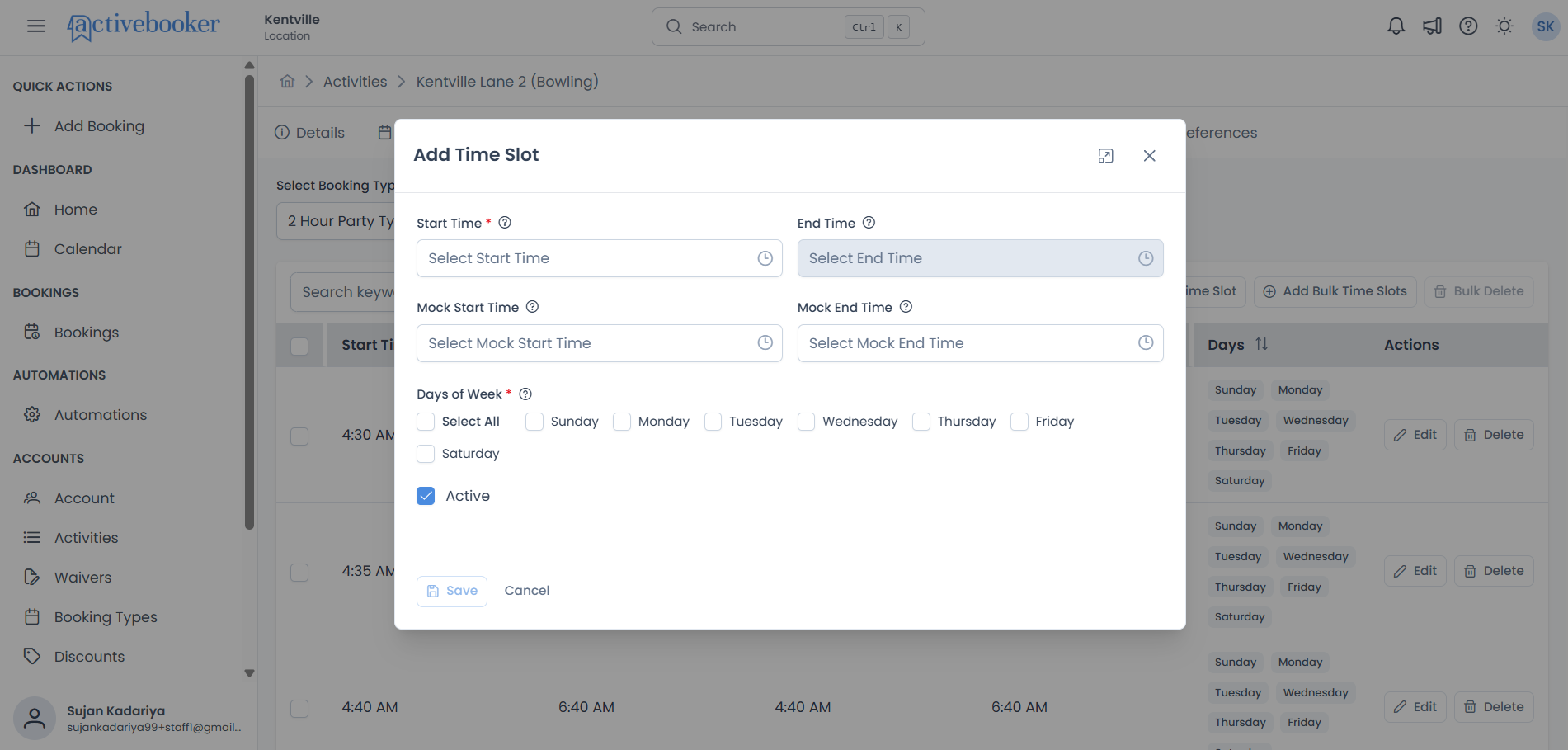 Add Time Slot dialog with all configuration fields