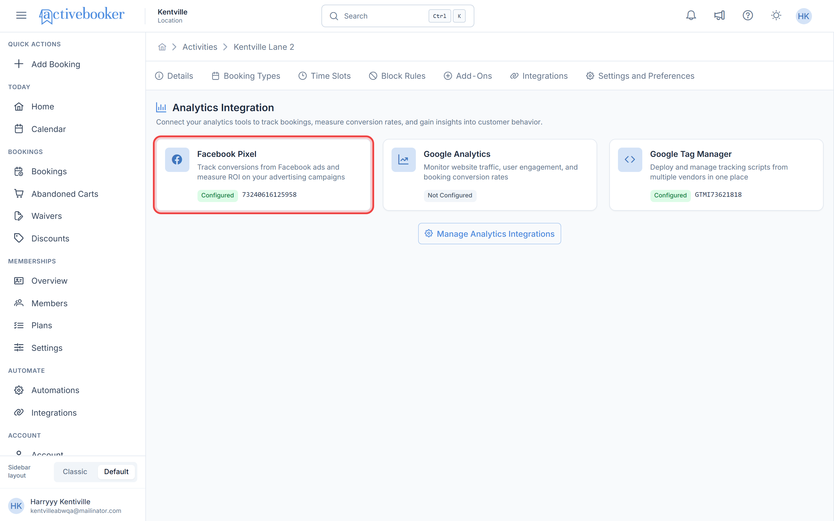 Analytics Integration overview with Facebook Pixel, Google Analytics, and Google Tag Manager cards