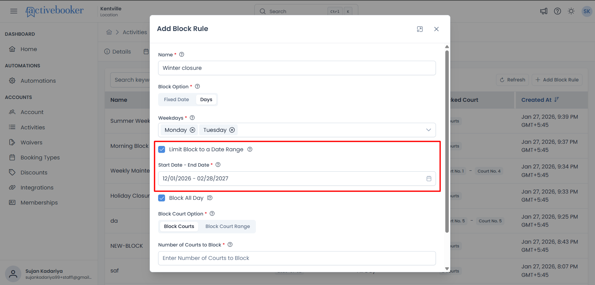 Date range selection for day-based blocks