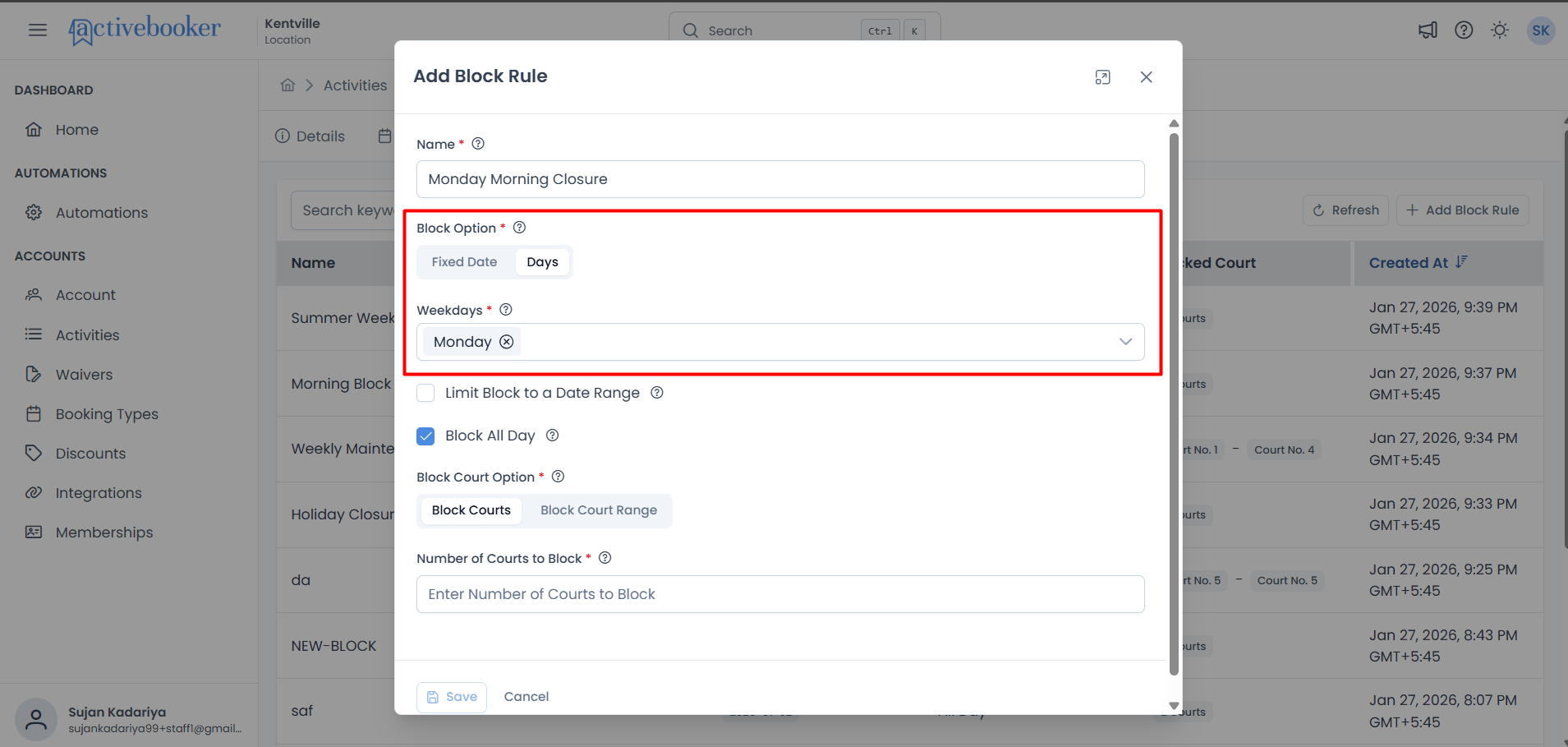 Day-based block configuration