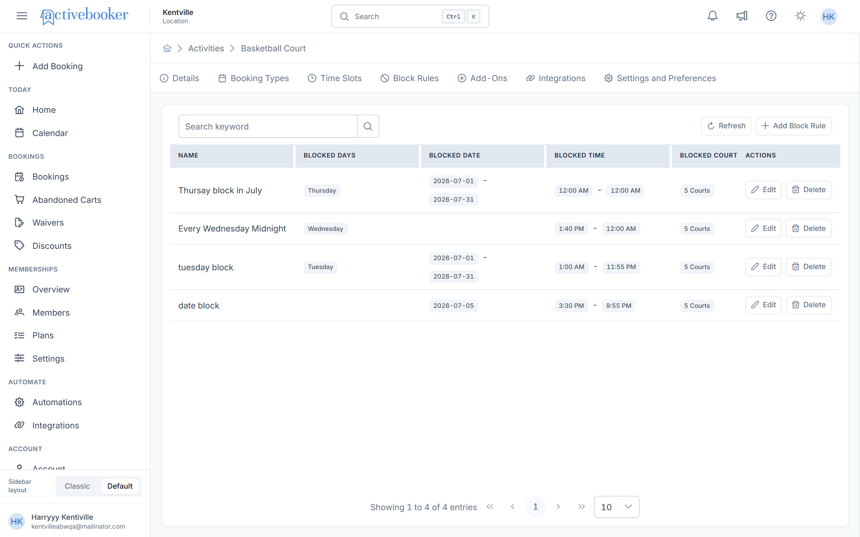 Block Rules page showing existing rules