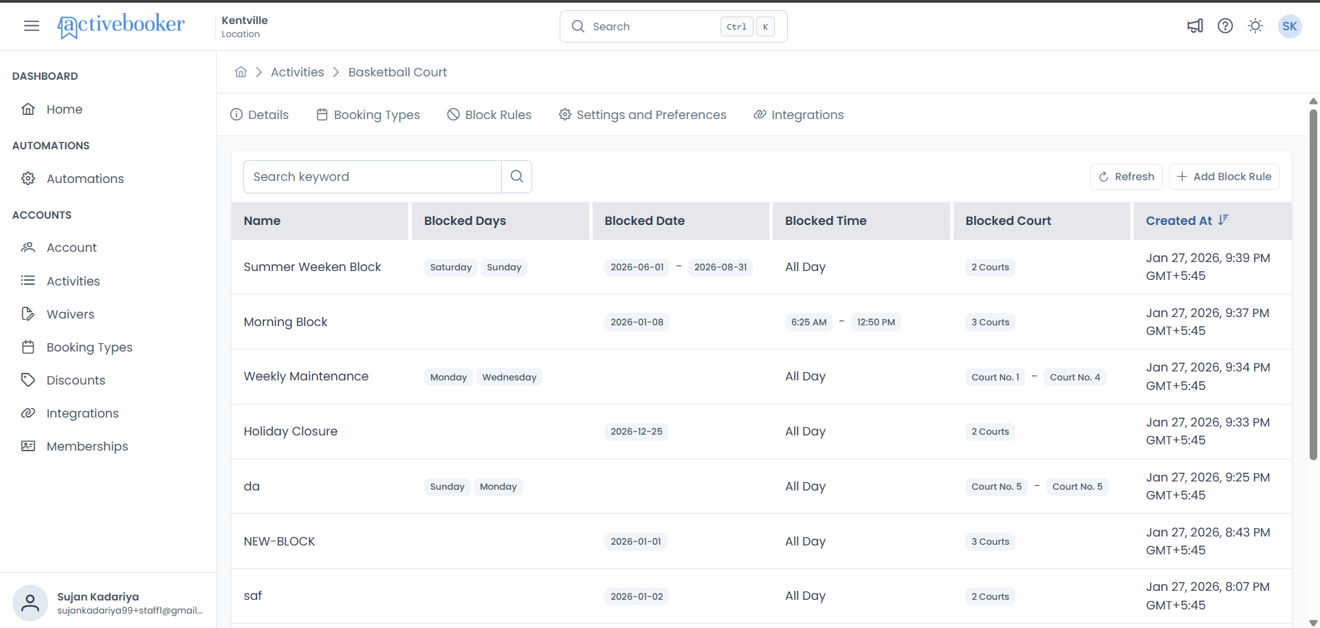 Block Rules page showing existing rules