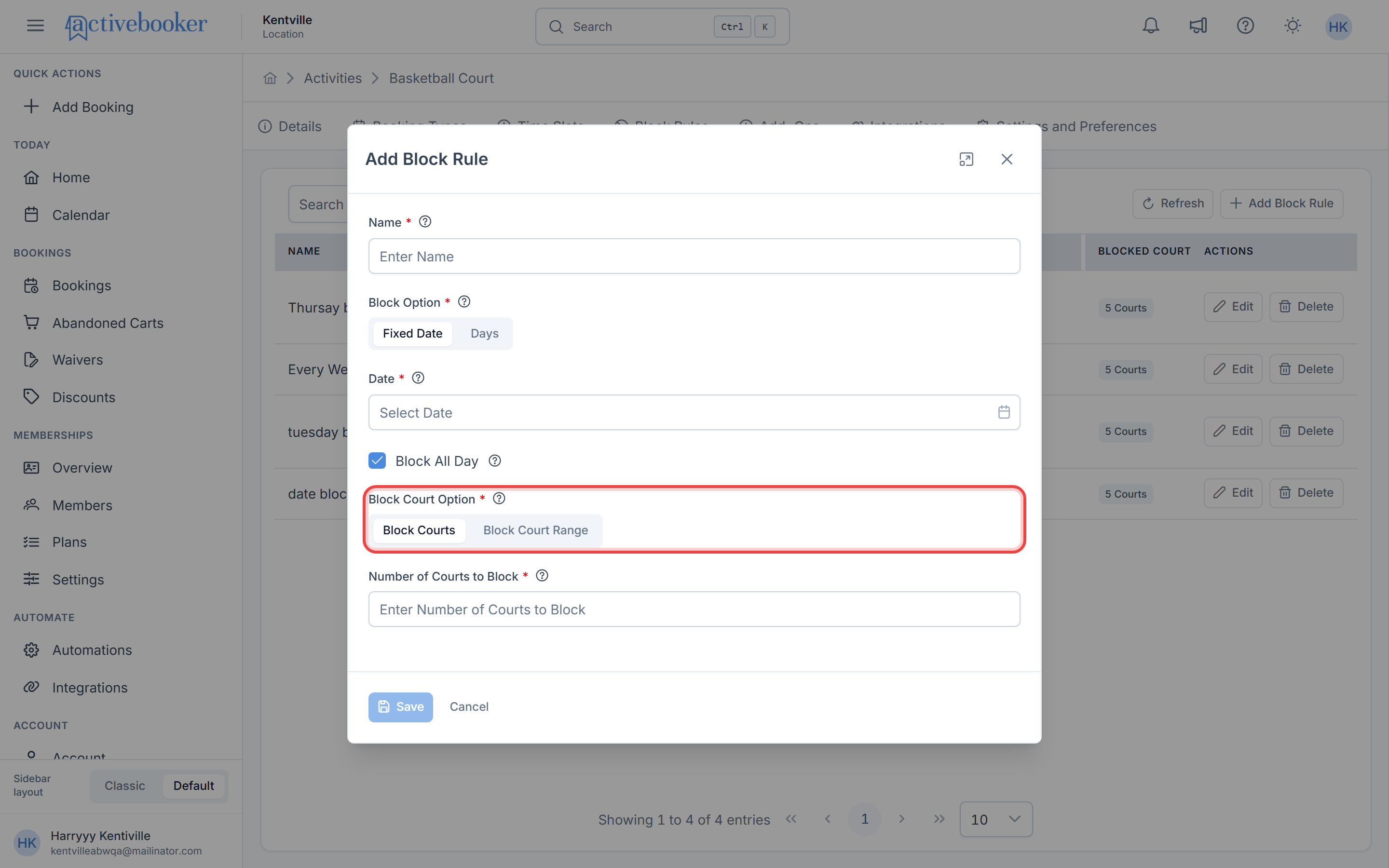 Block option selector for blocking a set number or a range of units