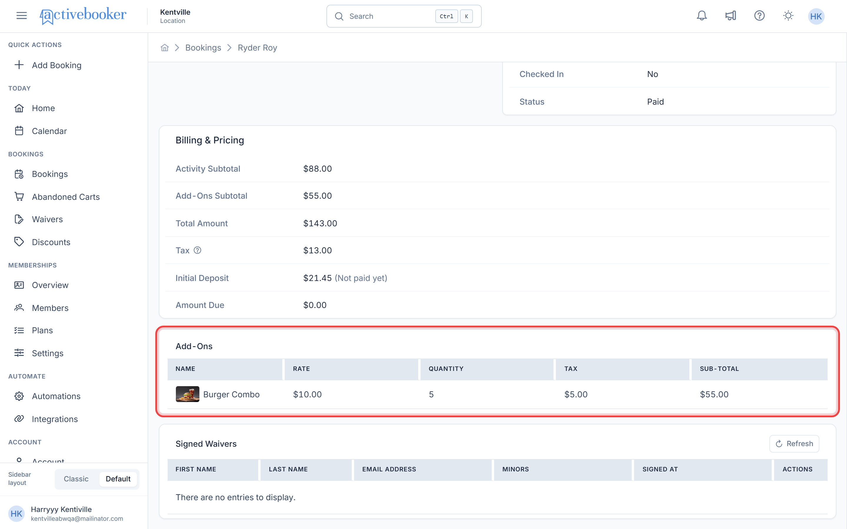 Add-Ons section showing a table of add-ons with name, rate, quantity, tax, and subtotal columns