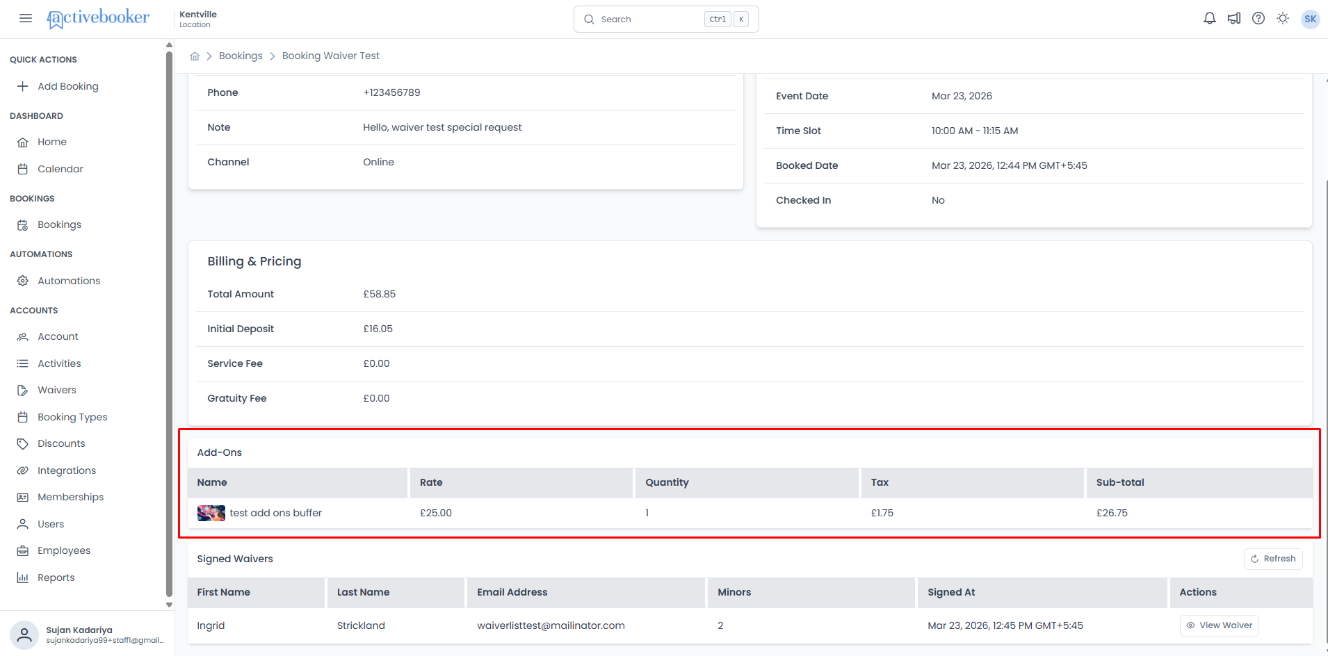 Add-Ons section showing a table of add-ons with name, rate, quantity, tax, and subtotal columns