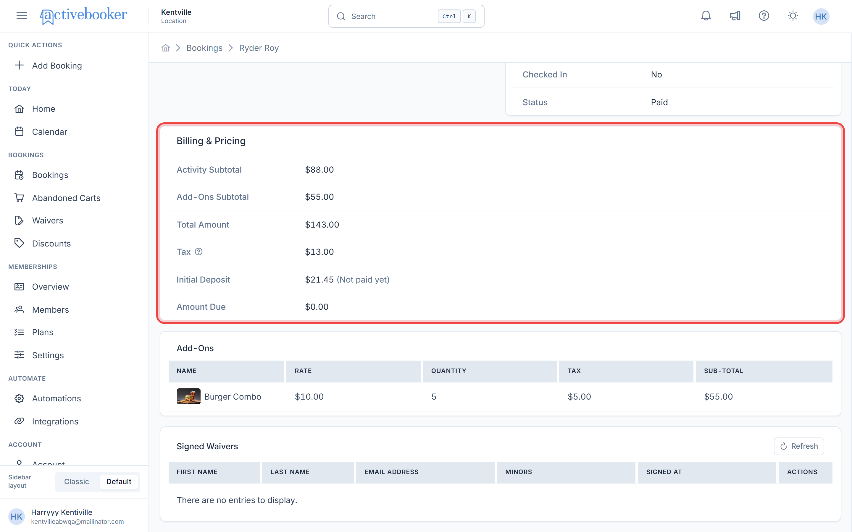 Billing & Pricing section showing total amount, initial deposit, service fee, and gratuity fee