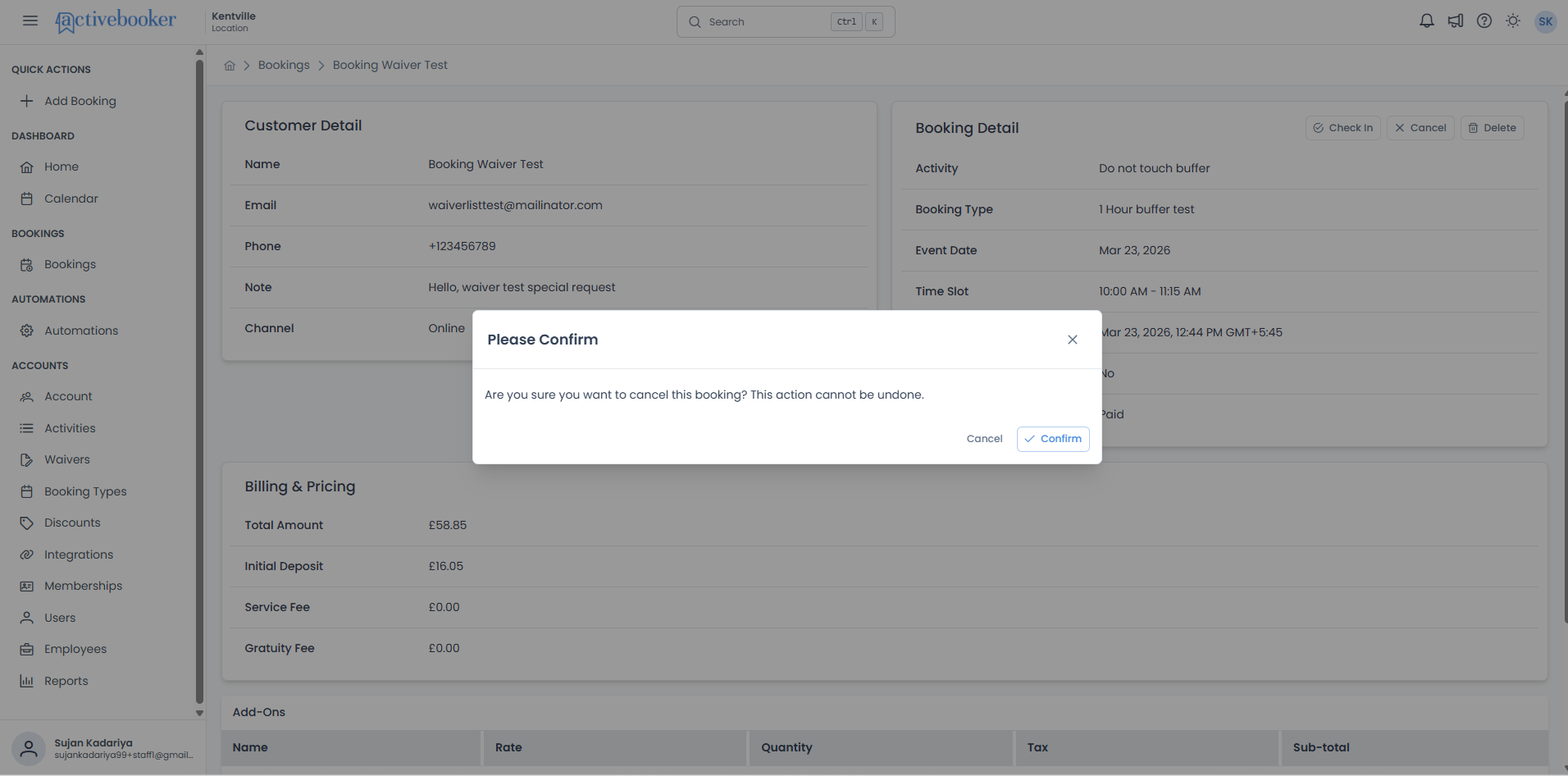 Cancel booking confirmation dialog showing the Please Confirm title, message, and Cancel and Confirm buttons