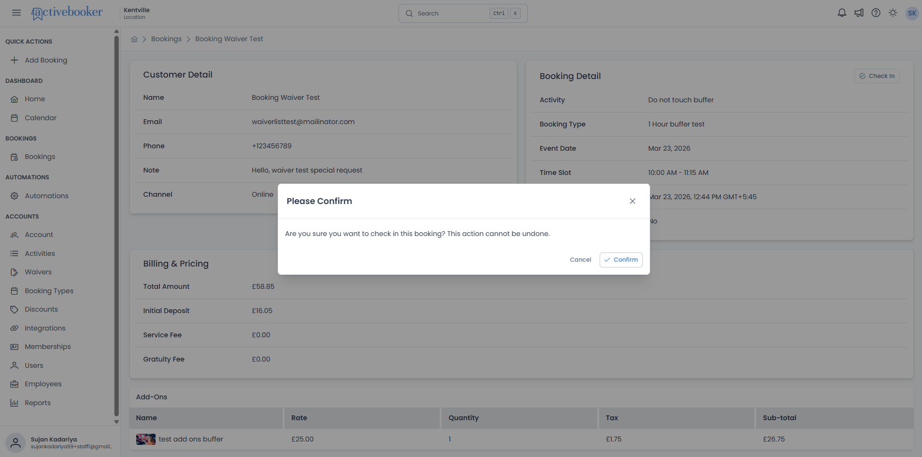 Check In confirmation dialog showing the Please Confirm title, message, and Cancel and Confirm buttons
