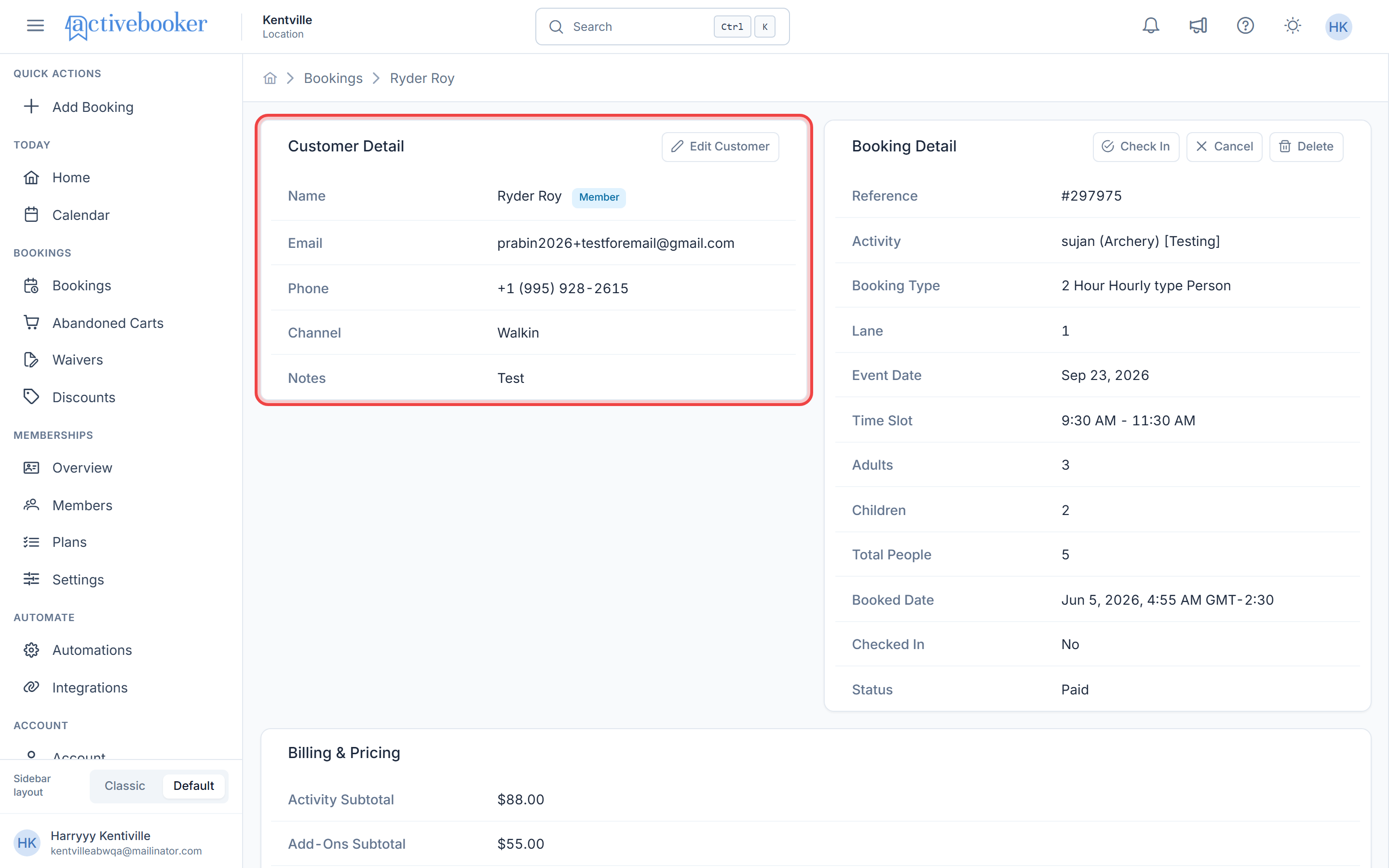 Customer Detail section showing name, email, phone, note, and channel fields