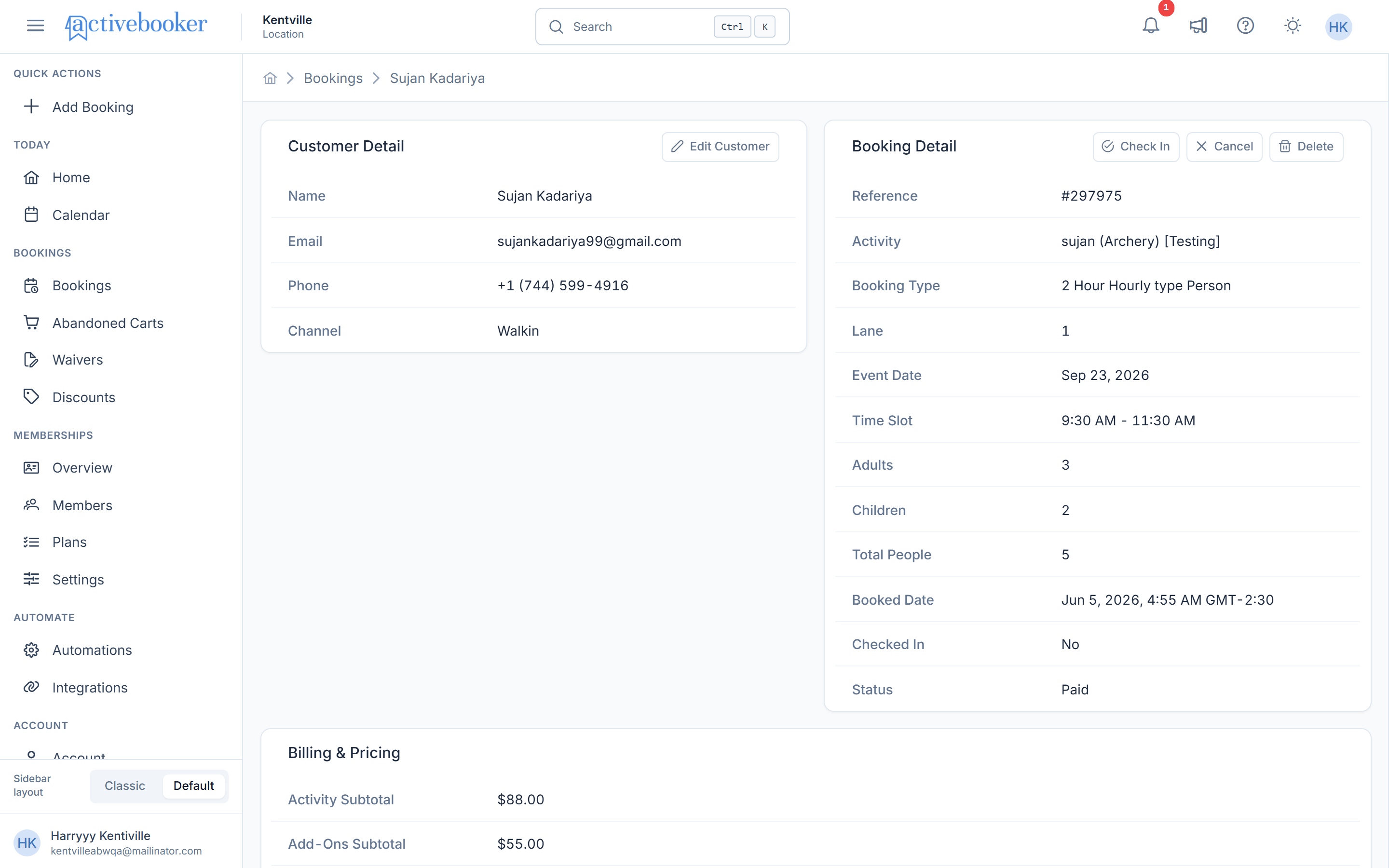Booking detail page showing Customer Detail, Booking Detail, and Billing & Pricing sections