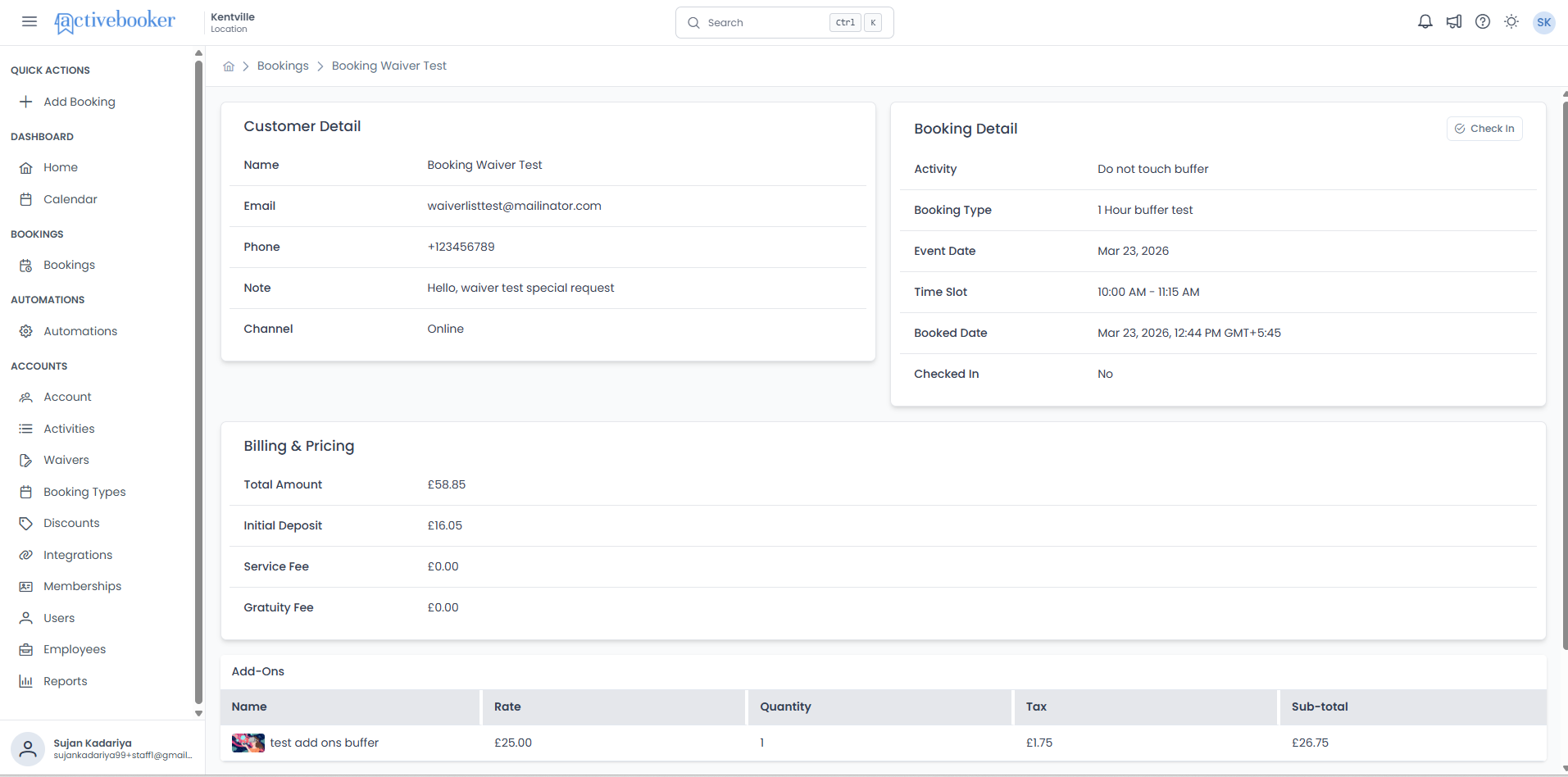 Booking detail page showing Customer Detail, Booking Detail, and Billing &amp; Pricing sections