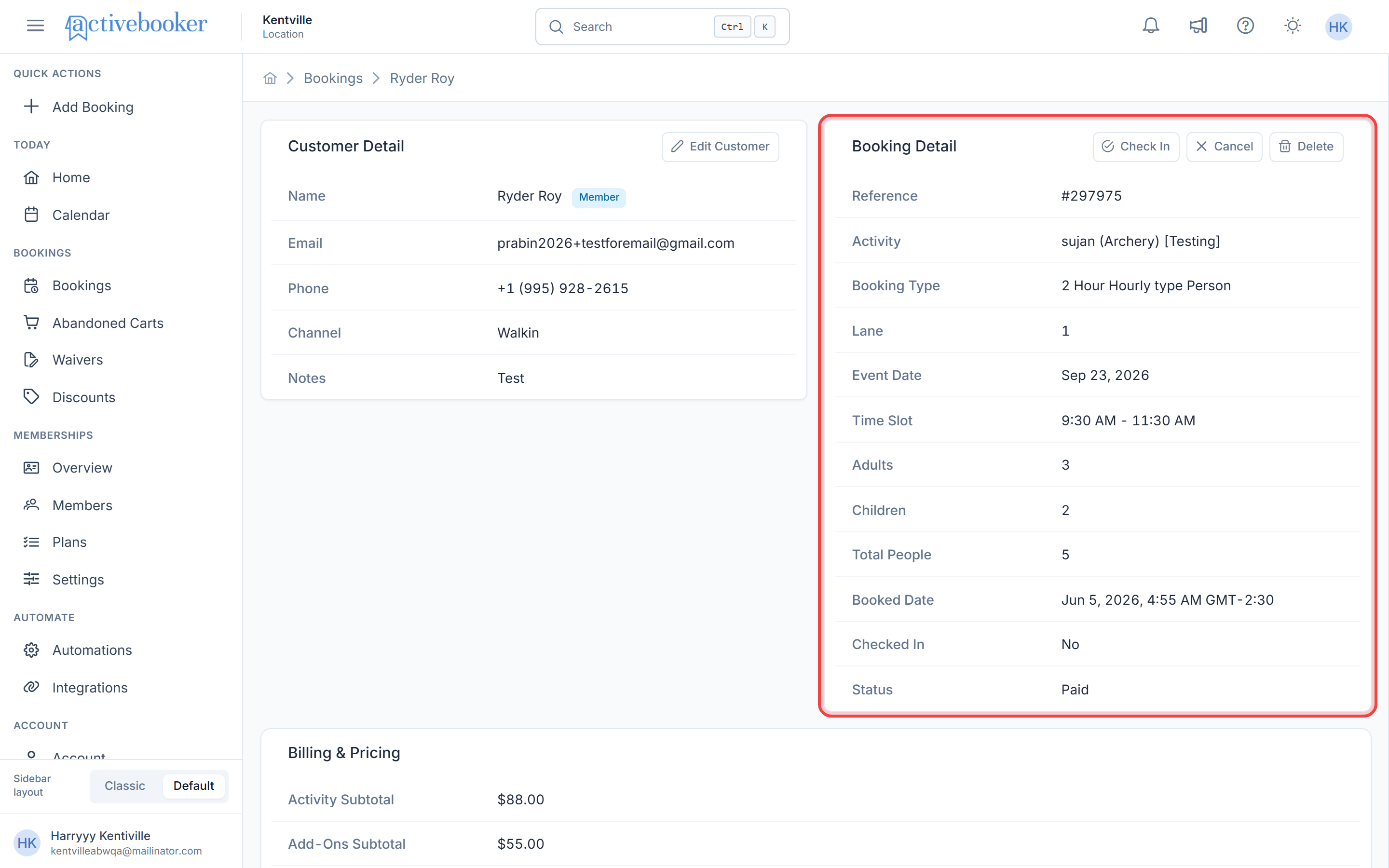 Booking Detail section showing activity, booking type, event date, time slot, and booked date