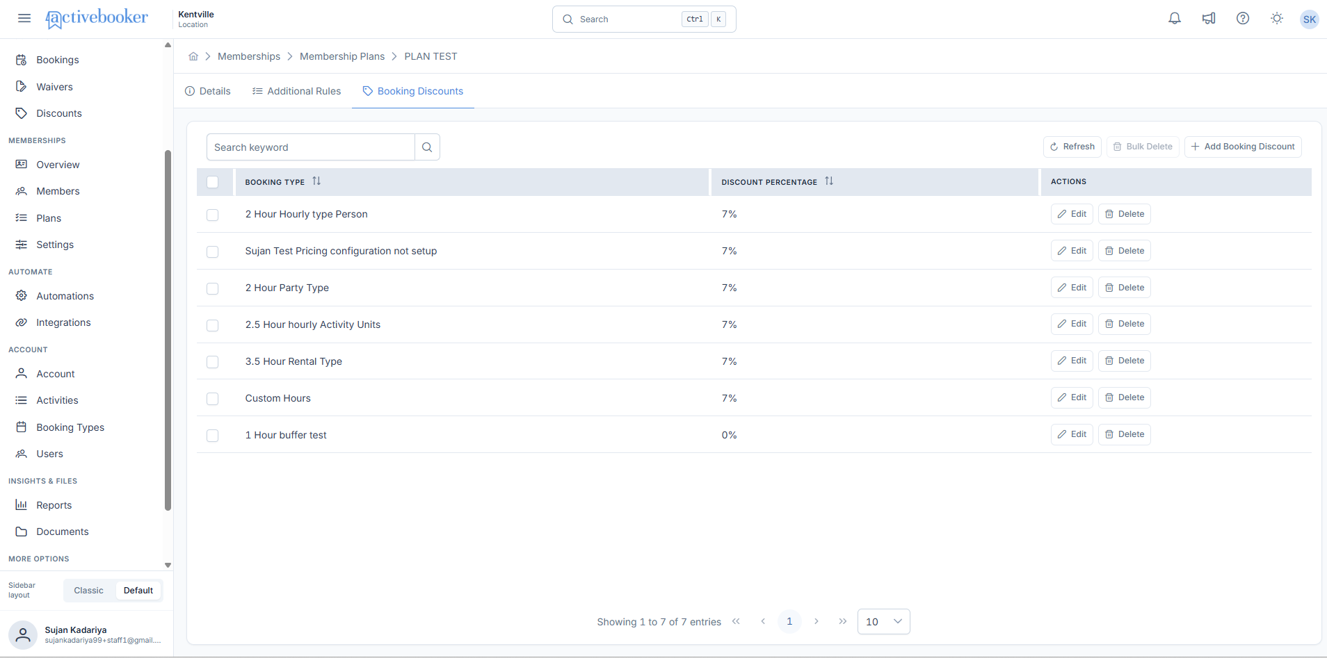 Booking Discounts page showing the list, search bar, and action buttons