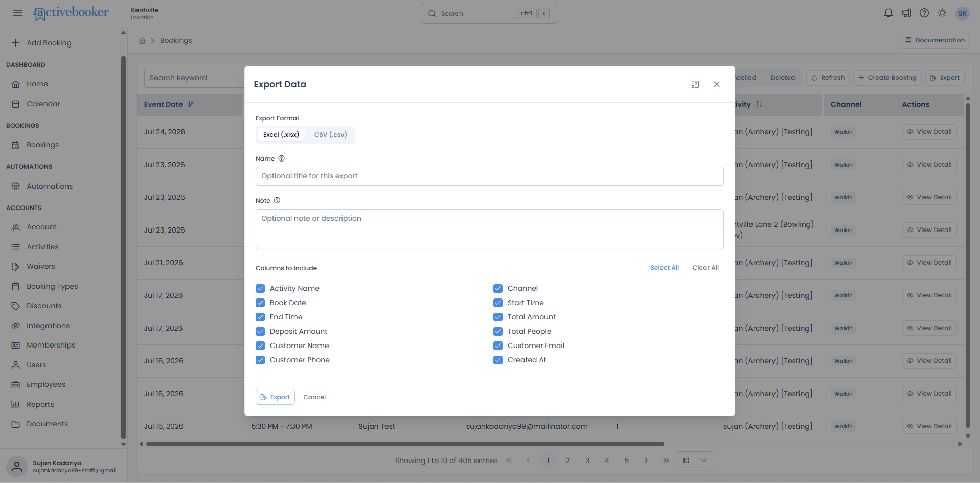 Export Data modal for Bookings showing format selection and column options