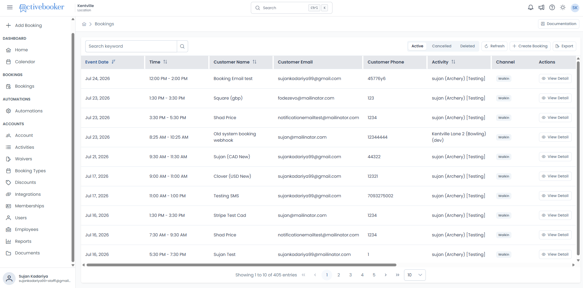 Booking list page showing all bookings in a table with search, refresh, and pagination controls