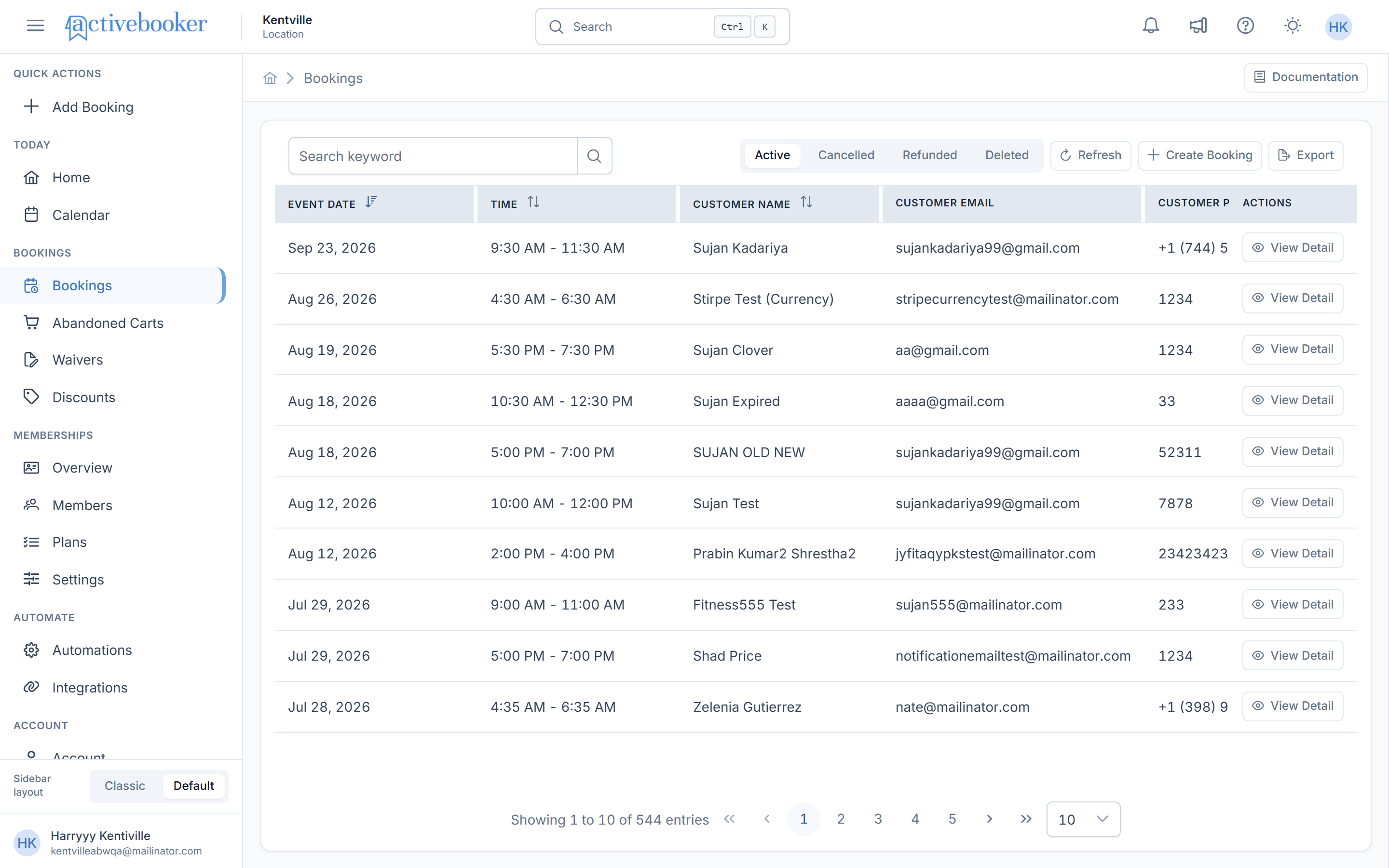 Booking list page showing all bookings in a table with search, refresh, and pagination controls