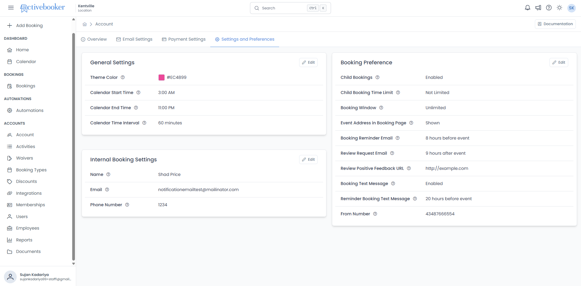 Booking Preference card showing all preference settings