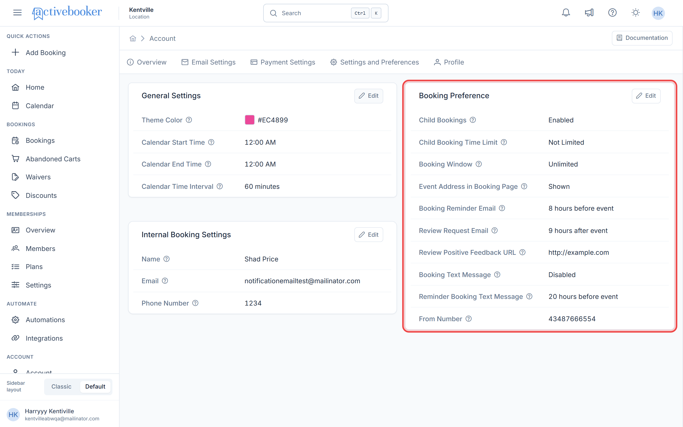Booking Preference card showing all preference settings