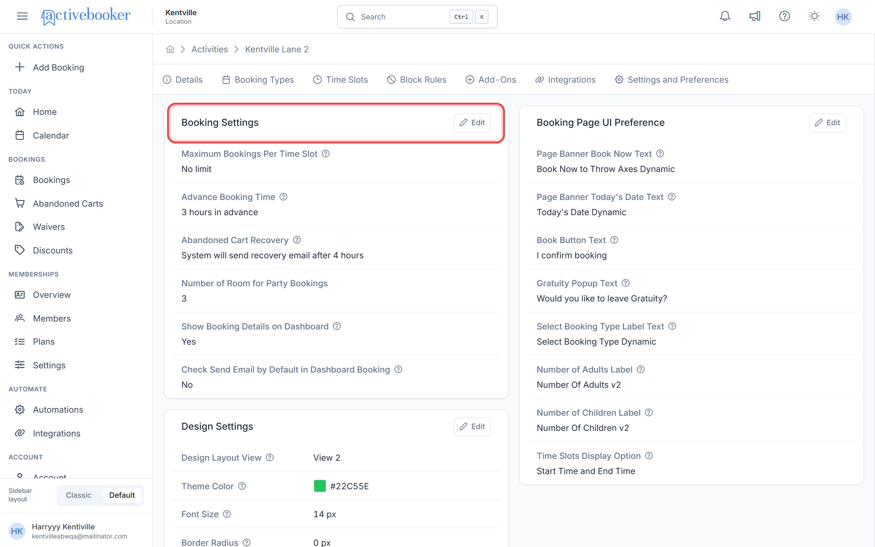 Booking Settings card showing current configuration for all six controls