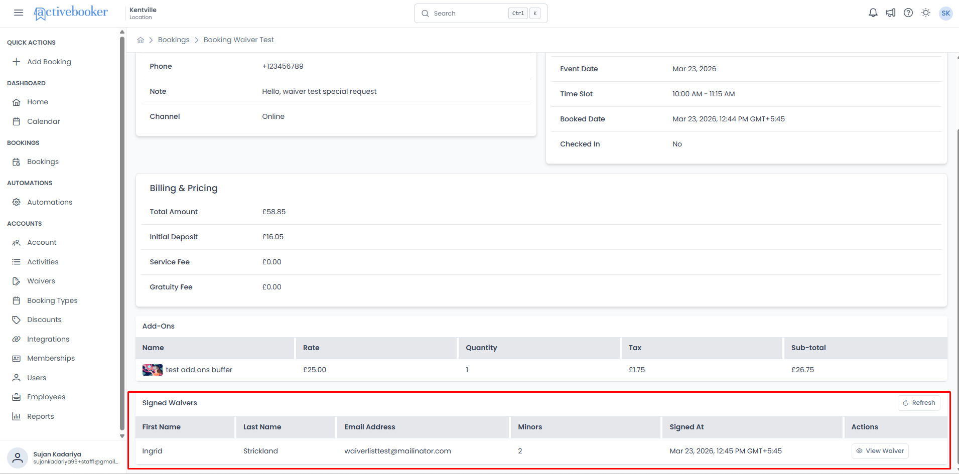 Signed Waivers section showing a table of signed waivers with a Refresh button