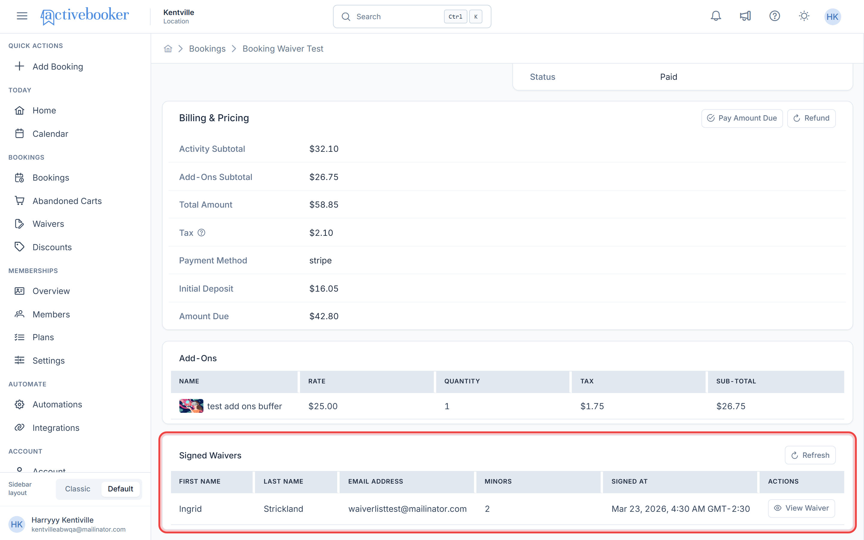 Signed Waivers section showing a table of signed waivers with a Refresh button