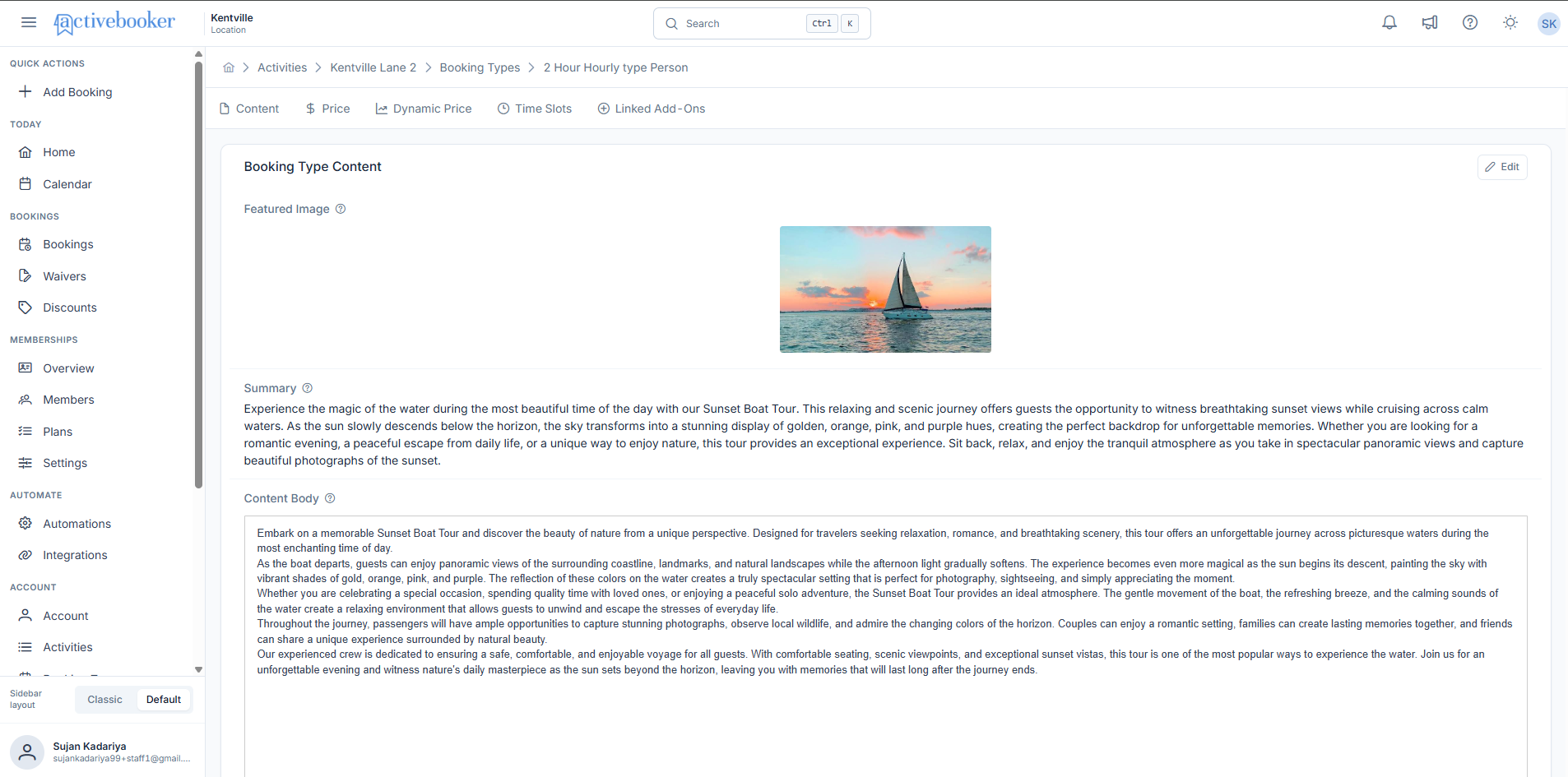 Booking Type Content Tab