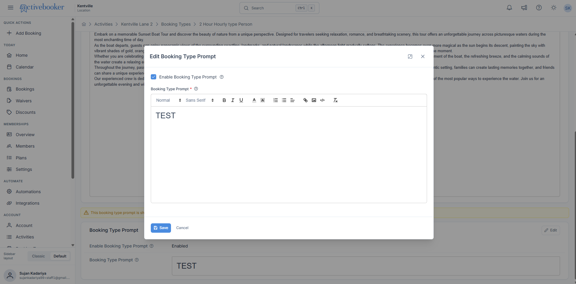 Edit Booking Type Prompt modal