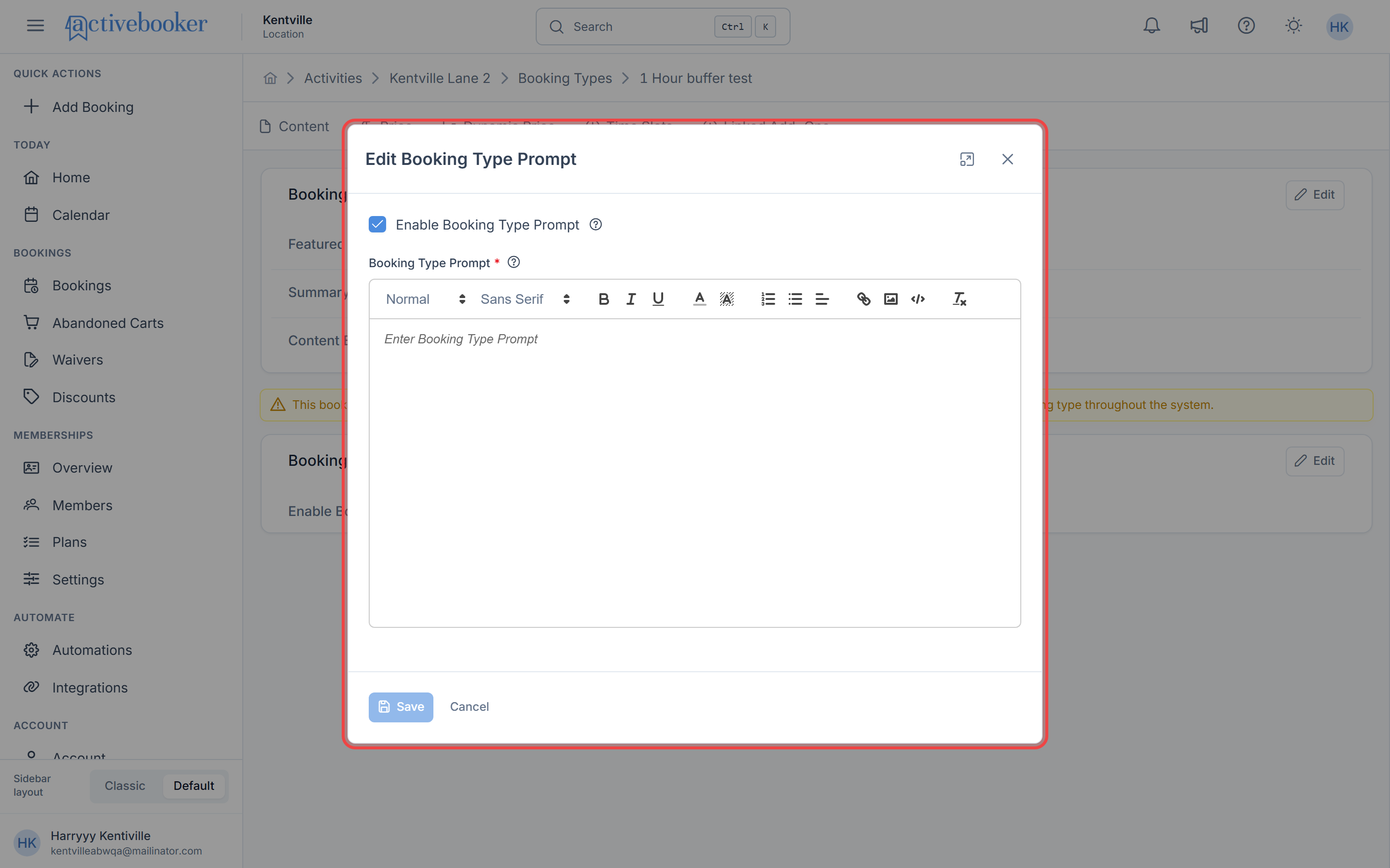 Booking Type Prompt rich text editor with a sample message
