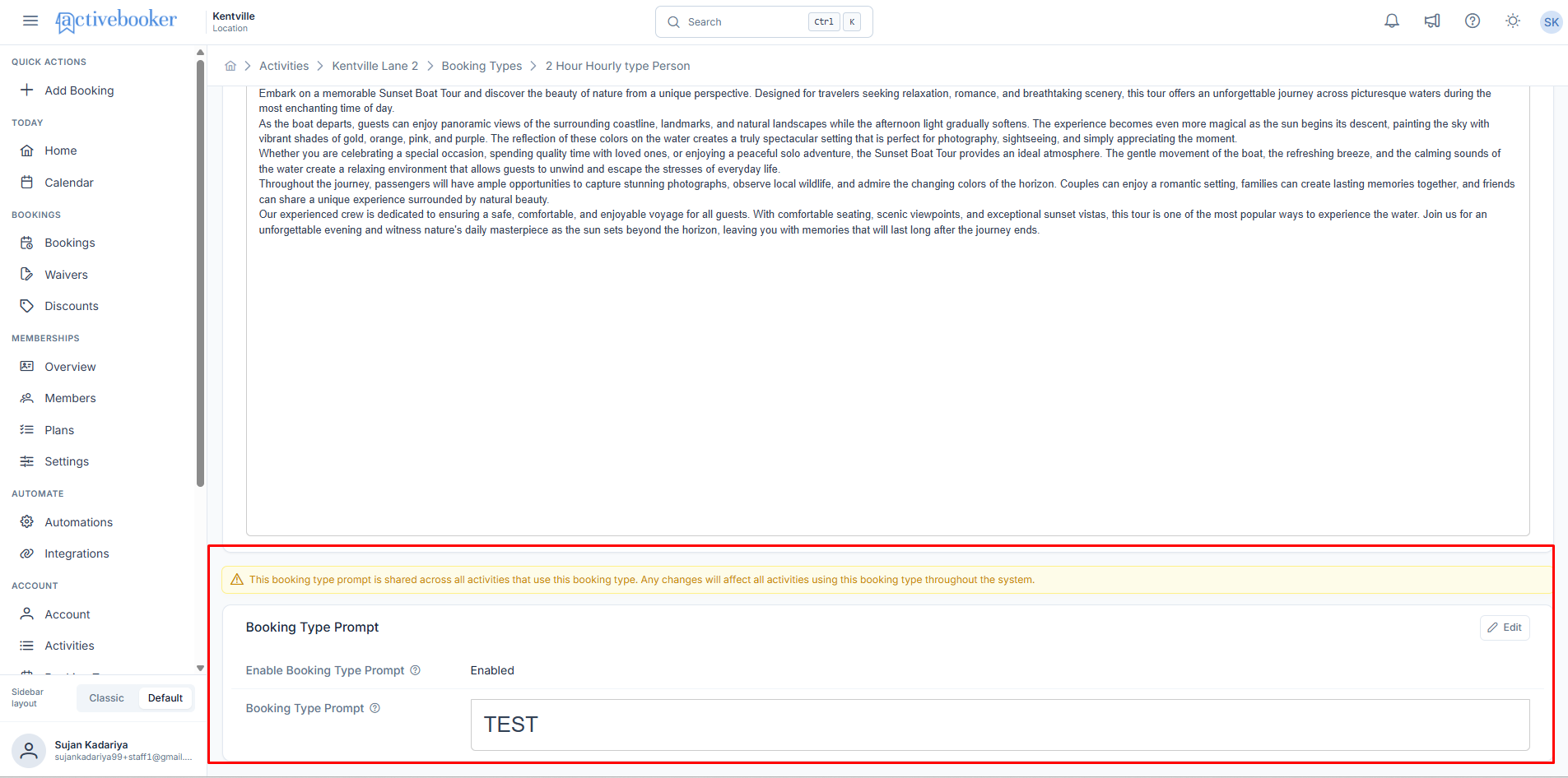 Booking Type Prompt section showing configuration