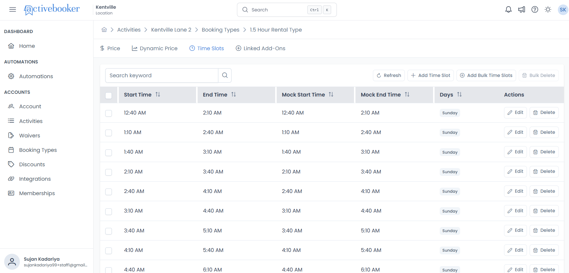 Booking Type Time Slots tab showing time slots for one booking type