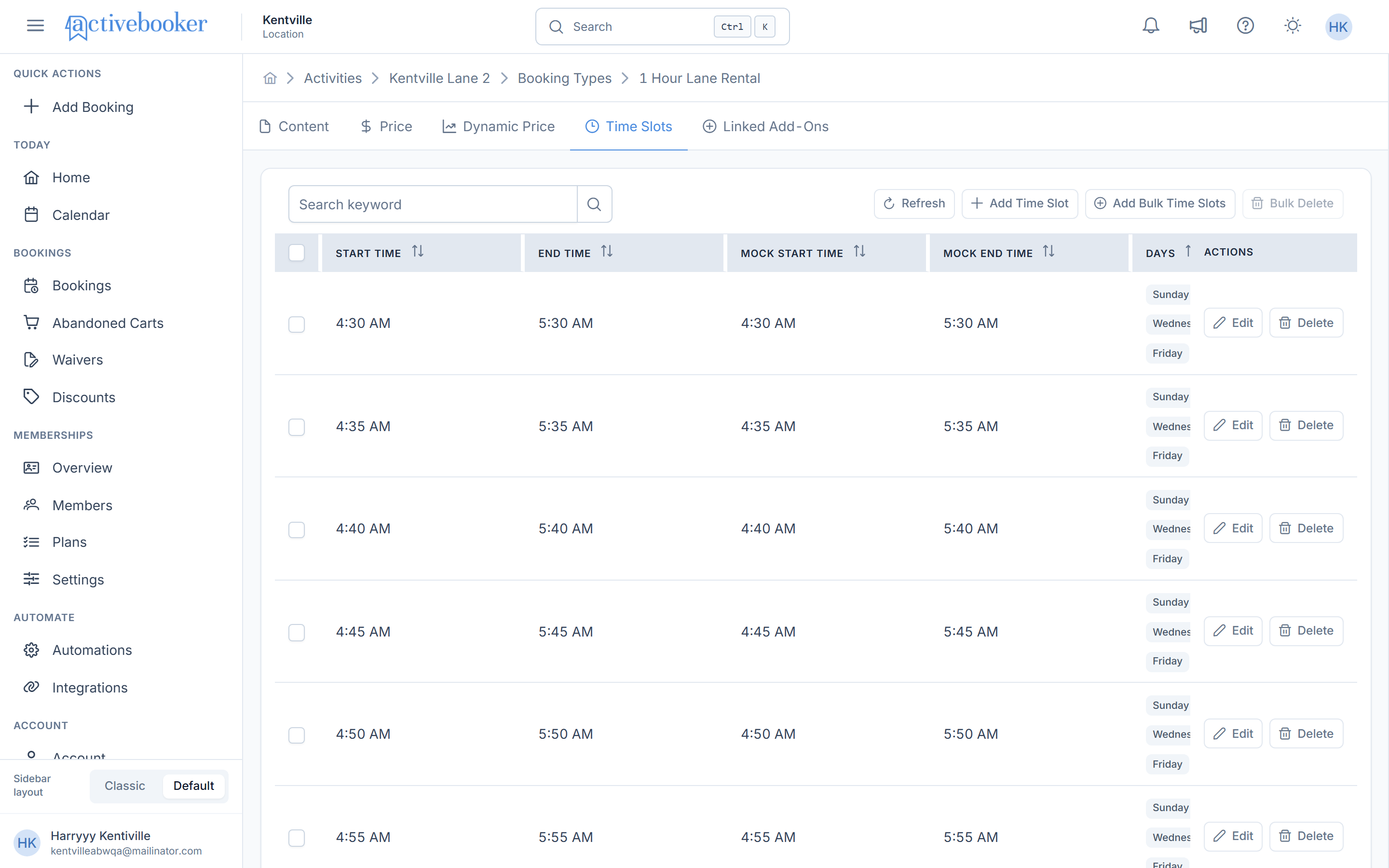 Booking Type Time Slots tab showing time slots for one booking type