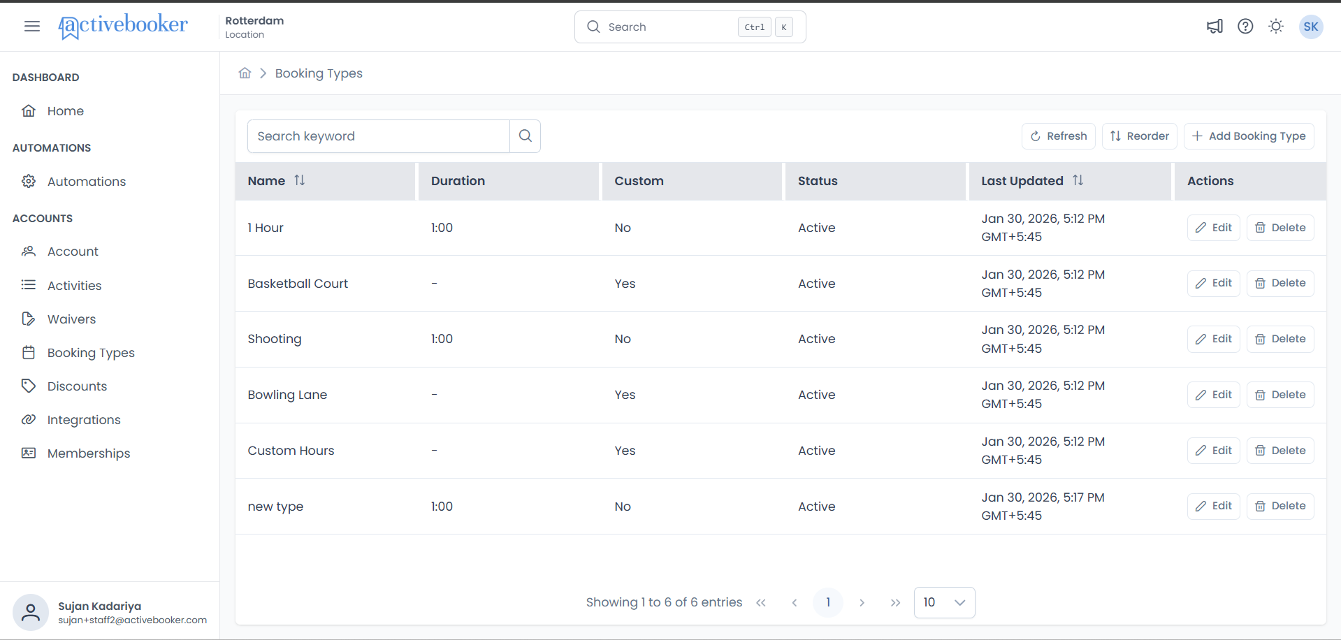 Booking Types List page Updated