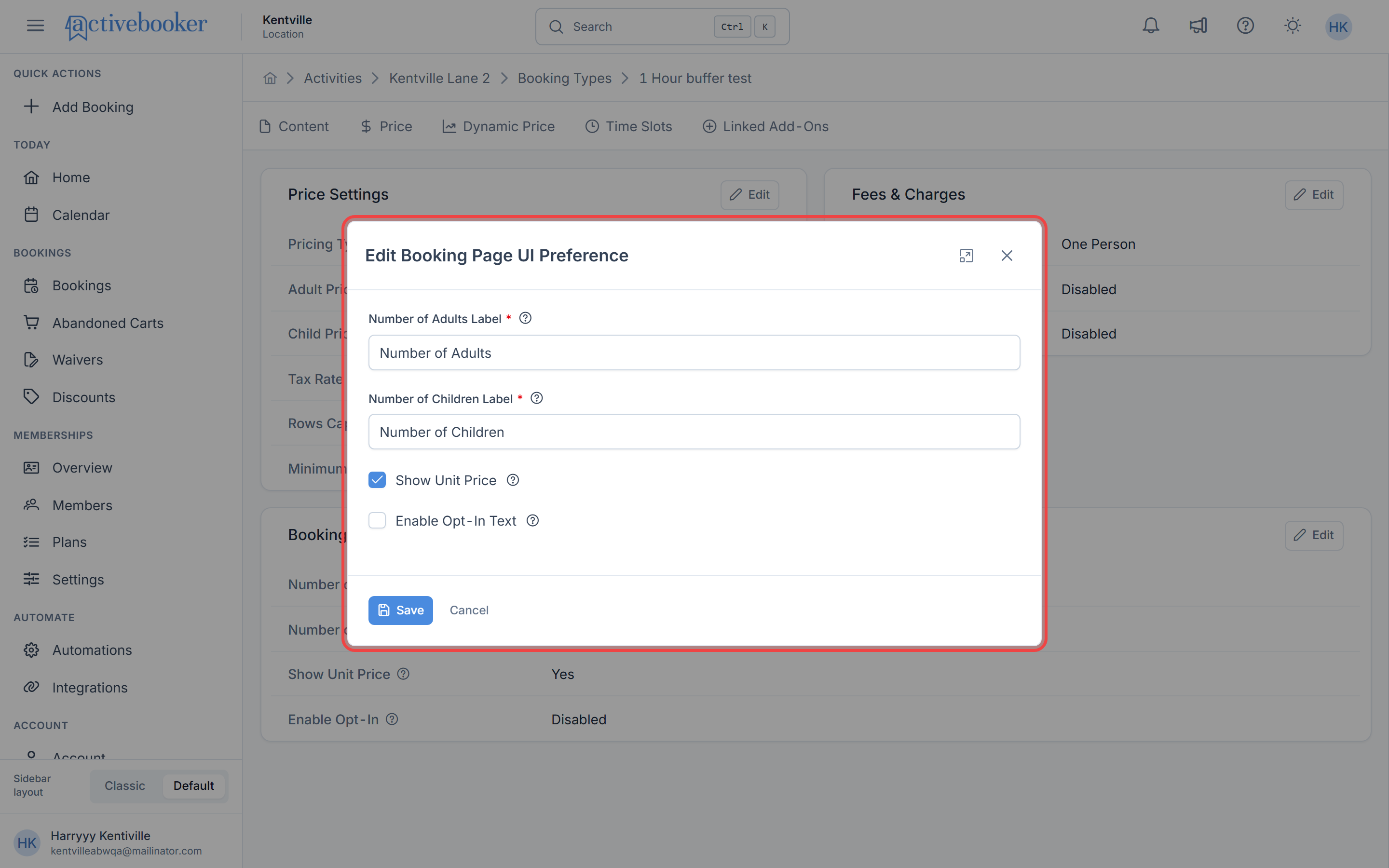 Edit Booking Page UI Preference modal with all fields