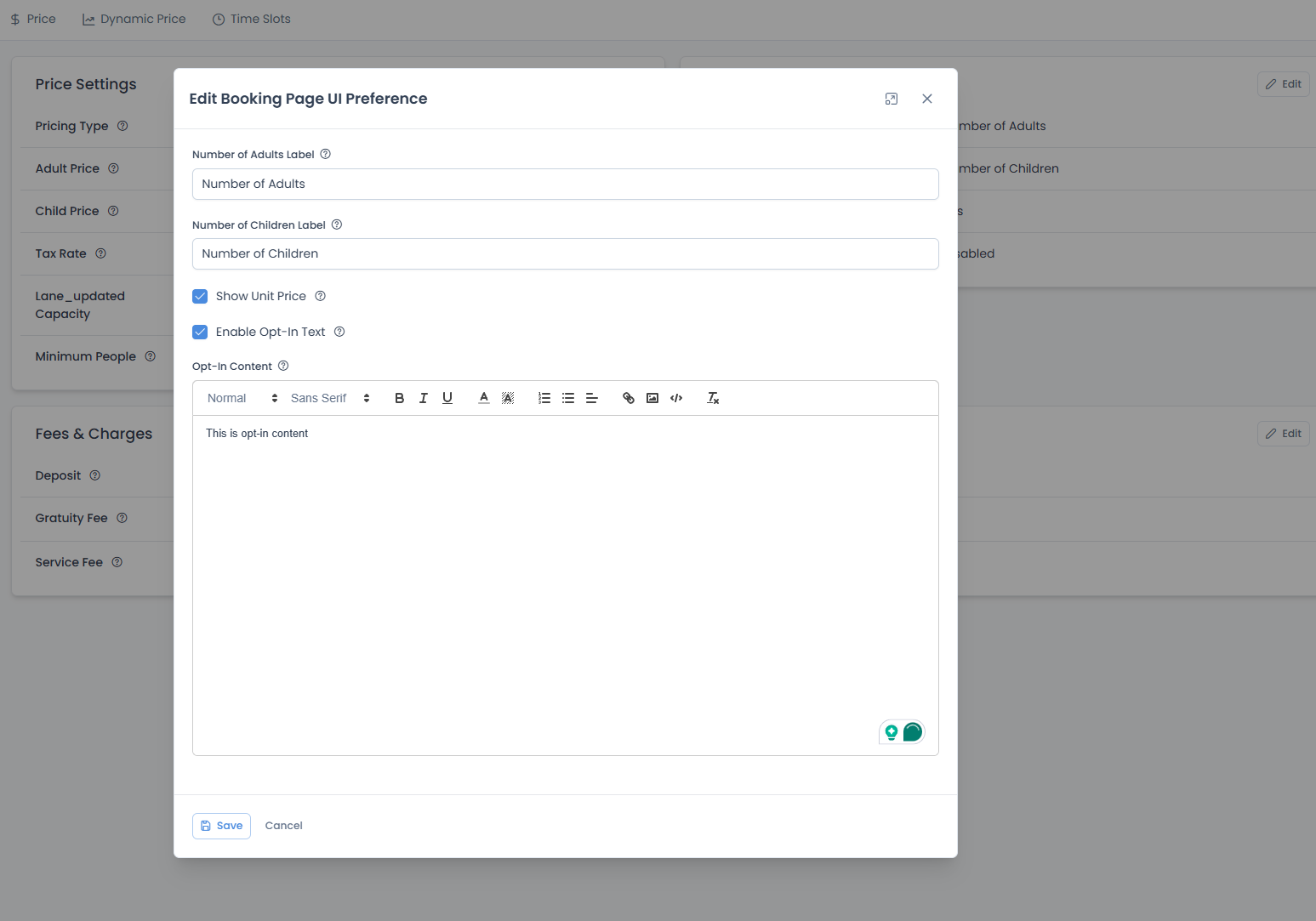 Edit Booking Page UI Preference modal with all fields